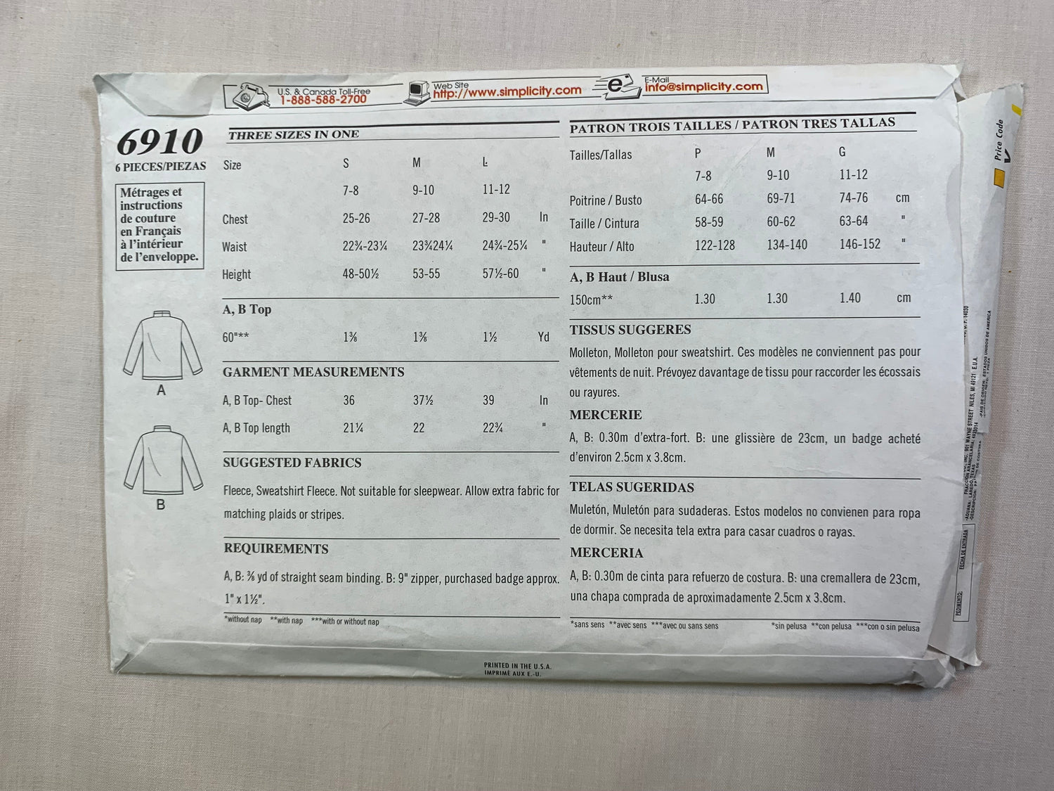 Simplicity 6910 Boys' Girls' Shirt, Sweatshirt, Size 7-12, Uncut, Vintage 1996