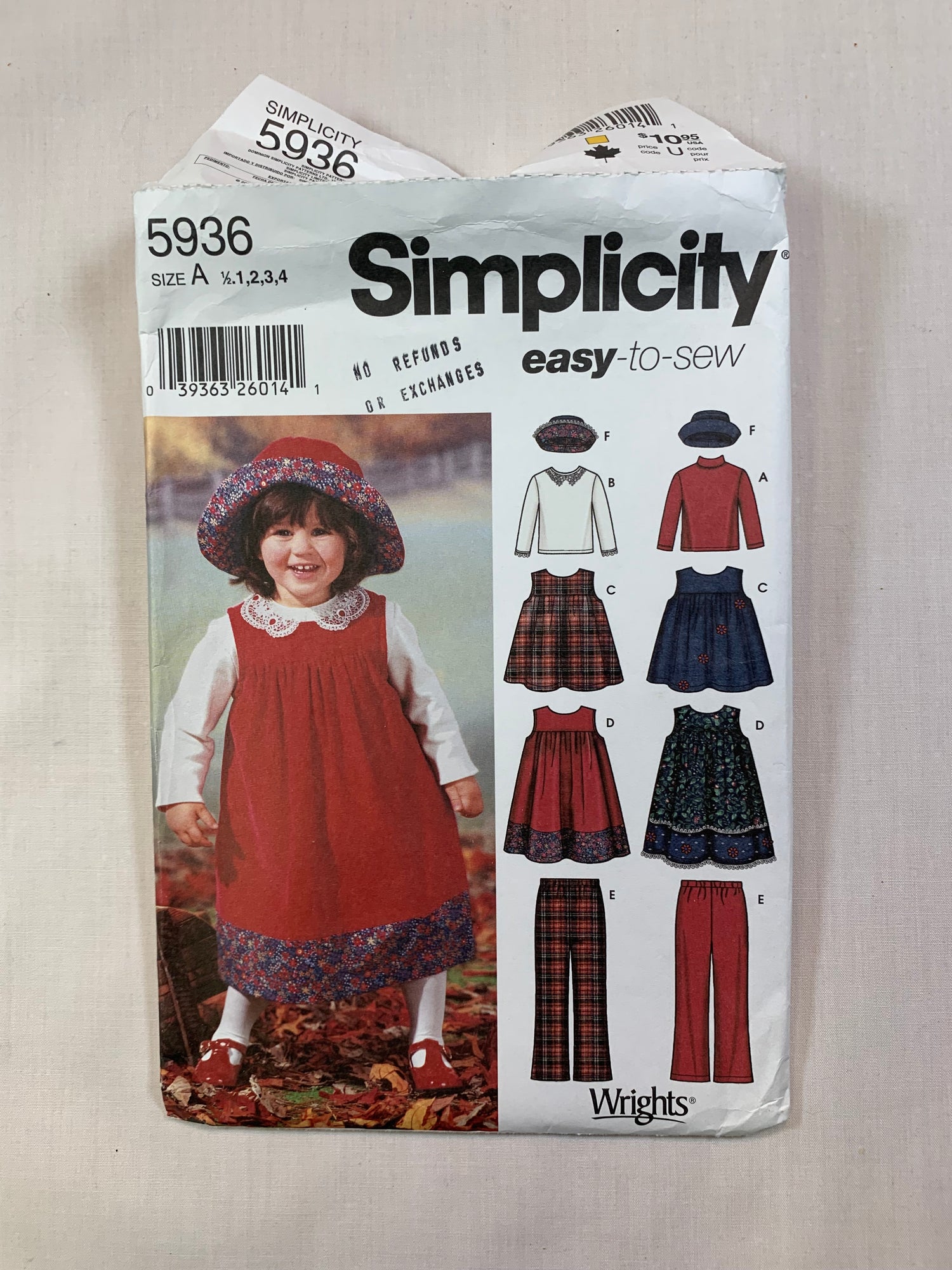 Simplicity 5936 Toddlers' Girls' Jumper, Top, Pants, Hat, Size 1/2-4, Uncut, 2002
