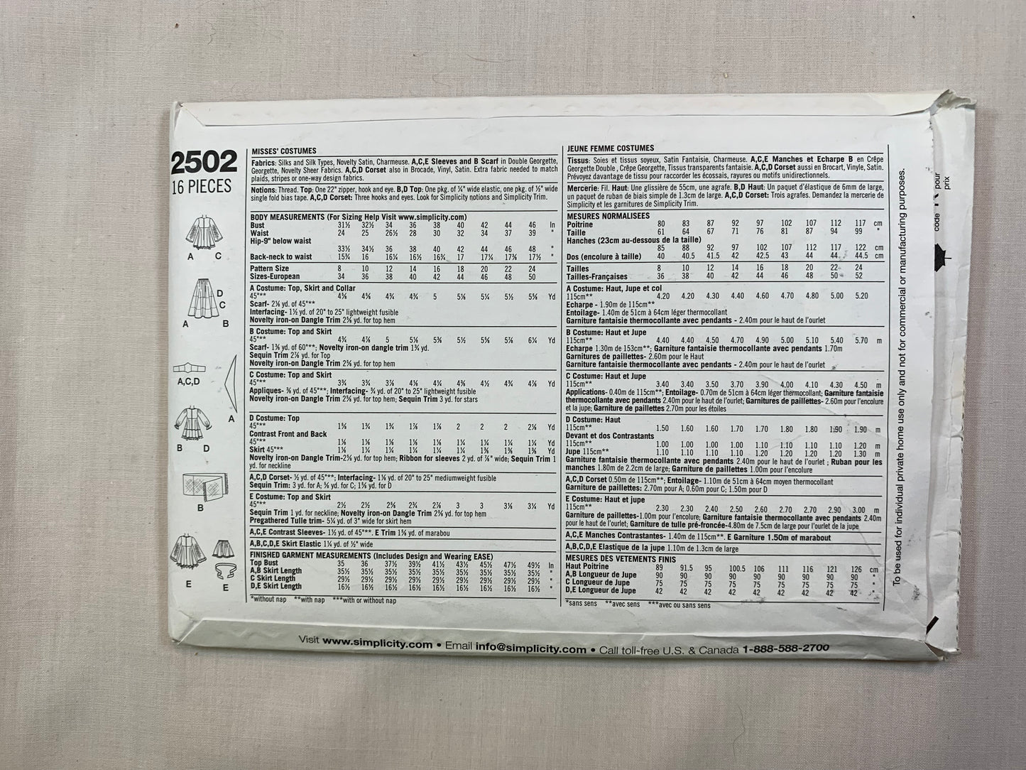 Simplicity Sewing Pattern 2502 Misses' Adult Costumes, Witch, Gypsy, Pirate, Magician, Dresses, Two Lengths, Size 16-24, Uncut, 2009
