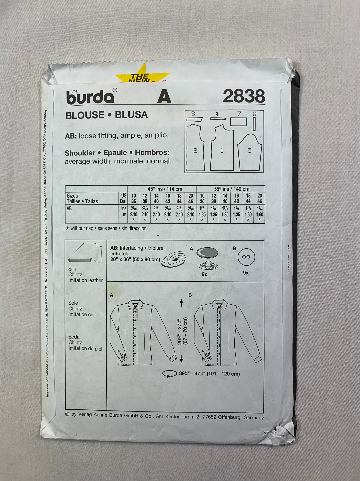 Burda Sewing Pattern 2838 Misses' Blouse, Button Front, Long Sleeves, Collar, Loose-Fitting, Size 10-20, Uncut, 2000