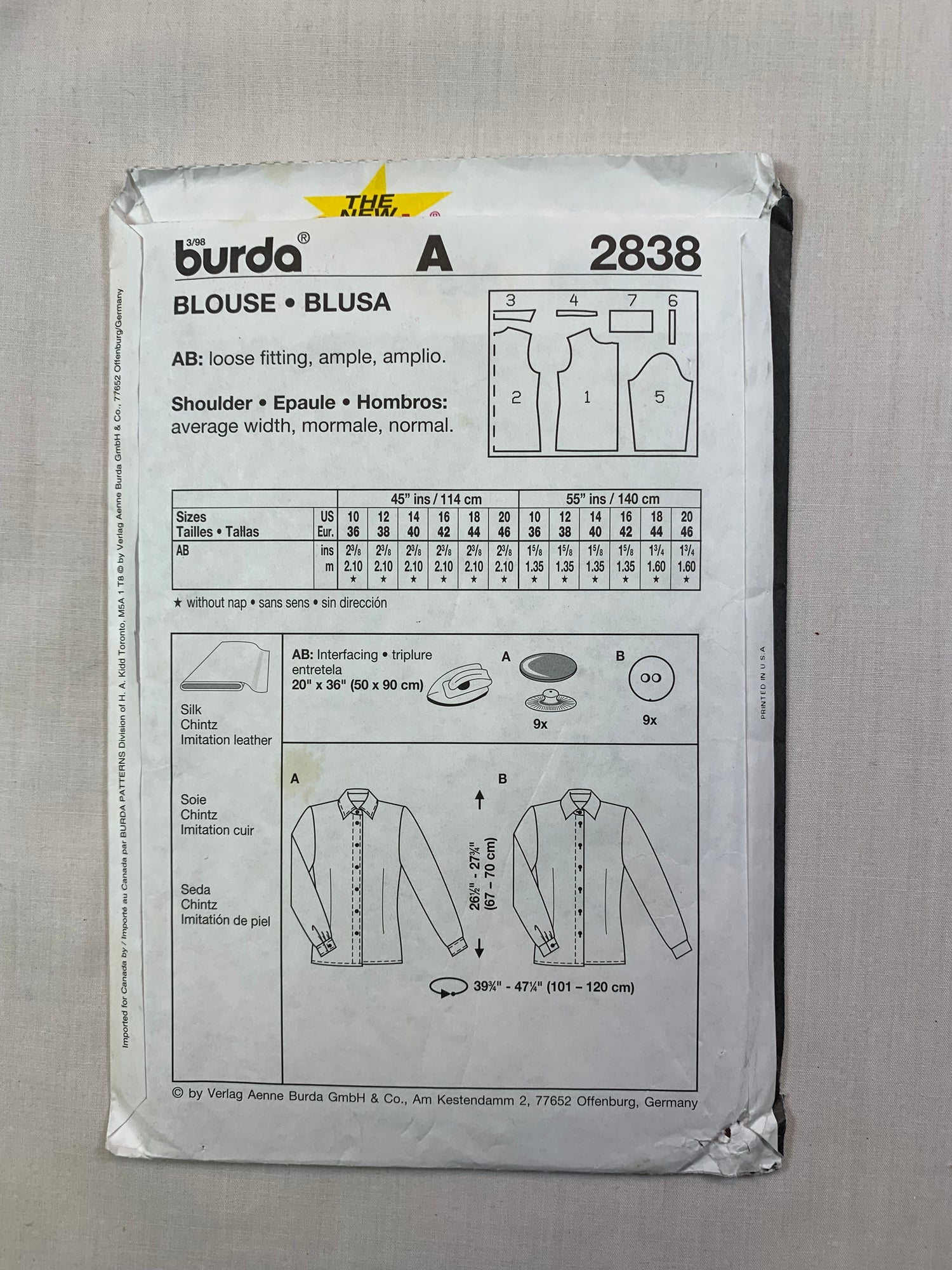 Burda Sewing Pattern 2838 Misses' Blouse, Button Front, Long Sleeves, Collar, Loose-Fitting, Size 10-20, Uncut, 2000
