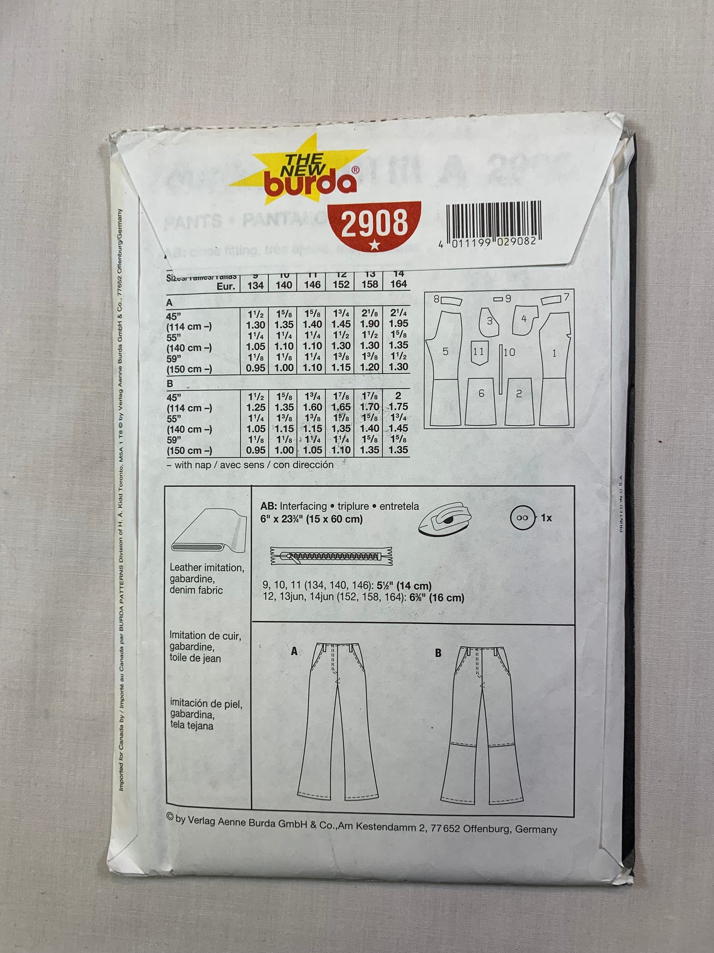 Burda Sewing Pattern 2908 Girls' Pants, Two Lengths, Pockets, Close-Fitting, Zipper Fly, Size 9-14, Uncut, 2000