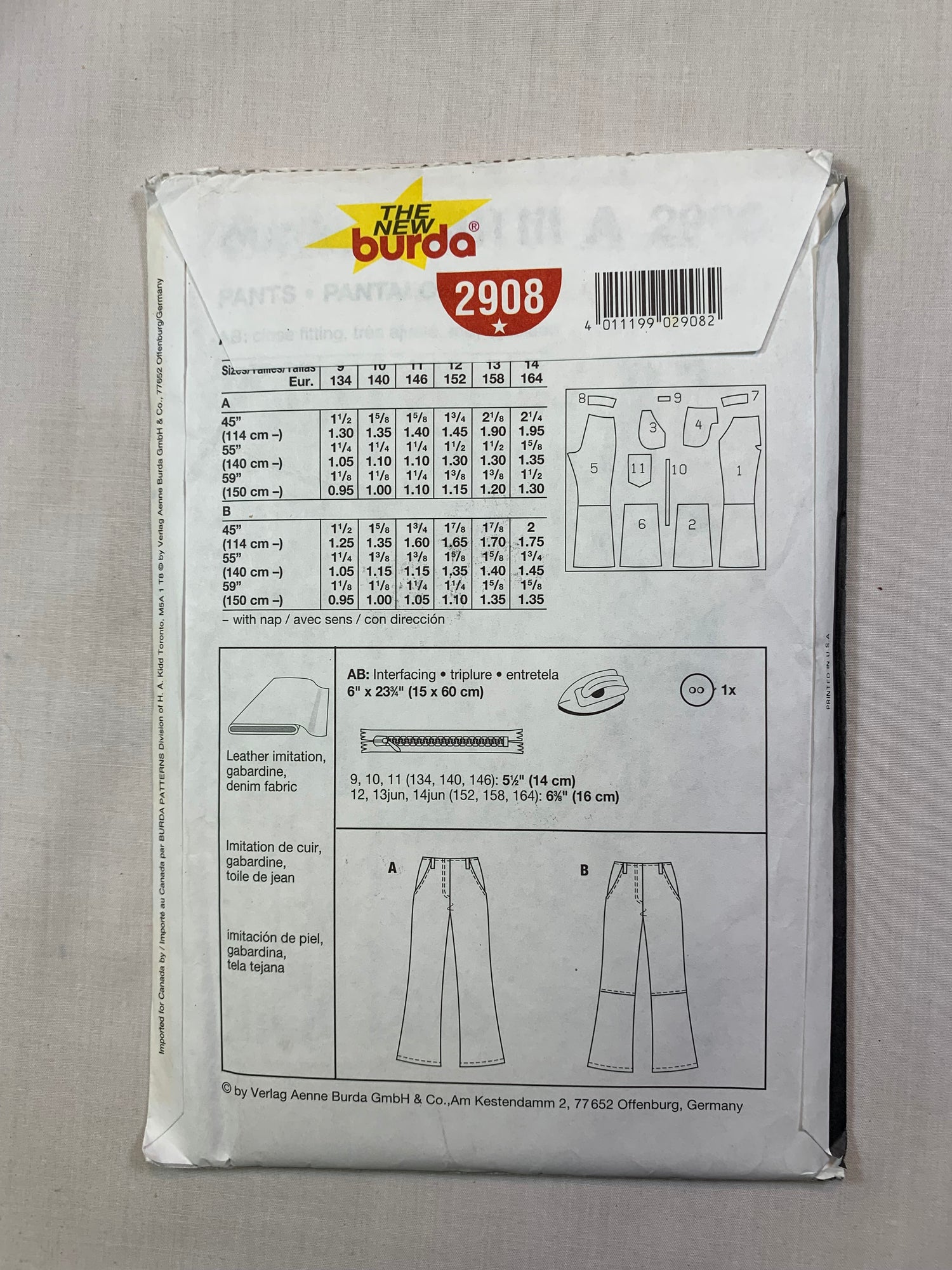 Burda Sewing Pattern 2908 Girls' Pants, Two Lengths, Pockets, Close-Fitting, Zipper Fly, Size 9-14, Uncut, 2000