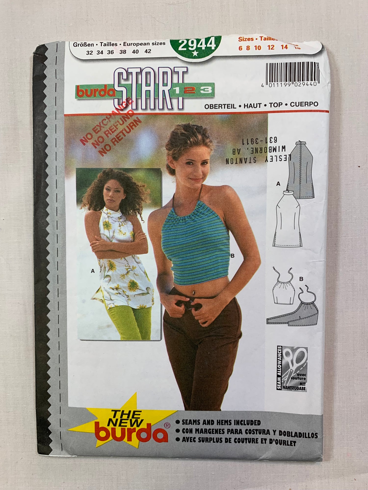 Burda Sewing Pattern 2944 Misses' Shirt, Halter Top,Sleeveless, Close-Fitting, Zipper Back, Size 6-16, Uncut, 2001