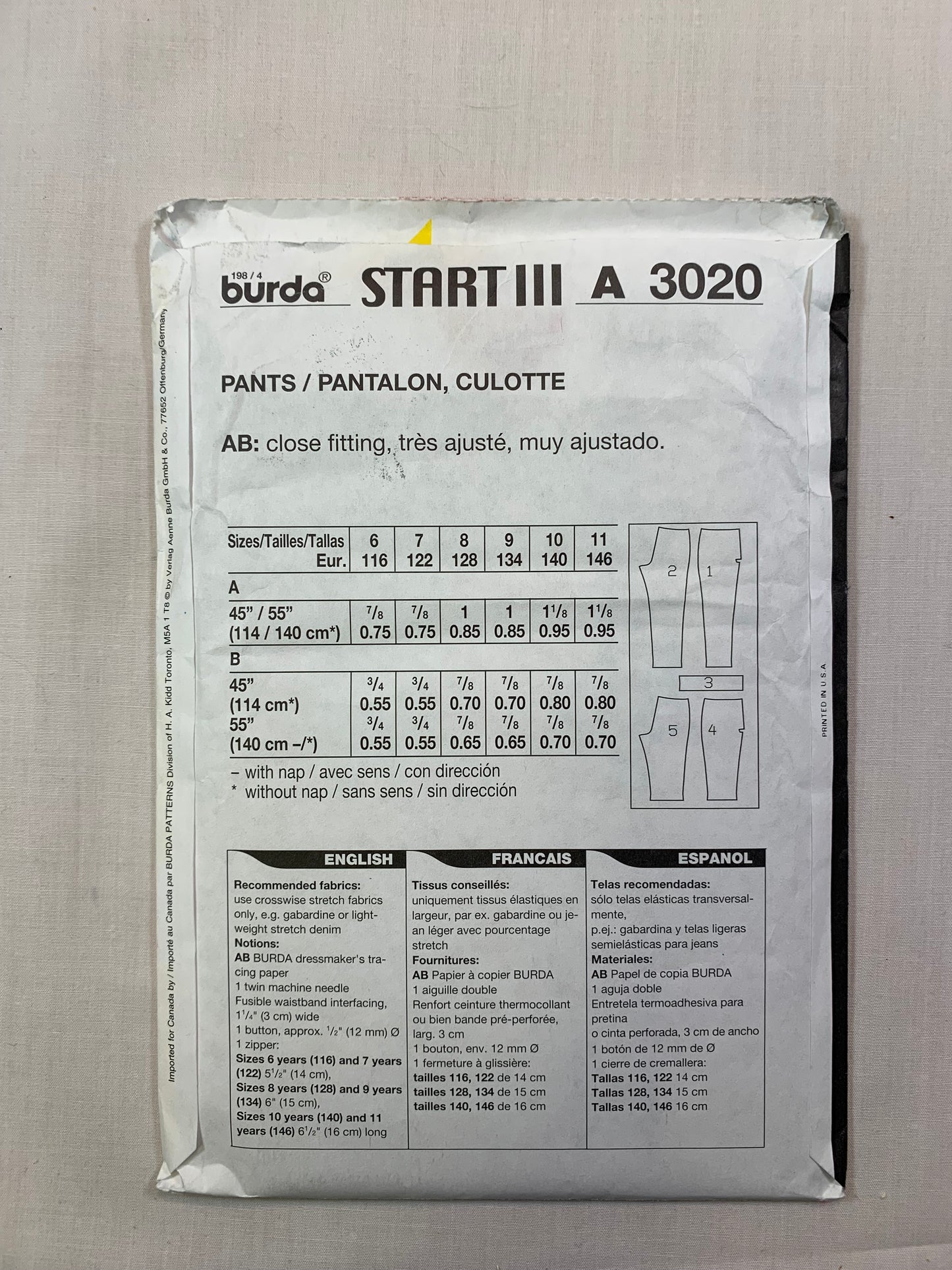 Burda Sewing Pattern 3020 Girls' Pants, Close-Fitting, Two Lengths, Zipper Front, Cuffs, Size 6-11, Uncut, 2000