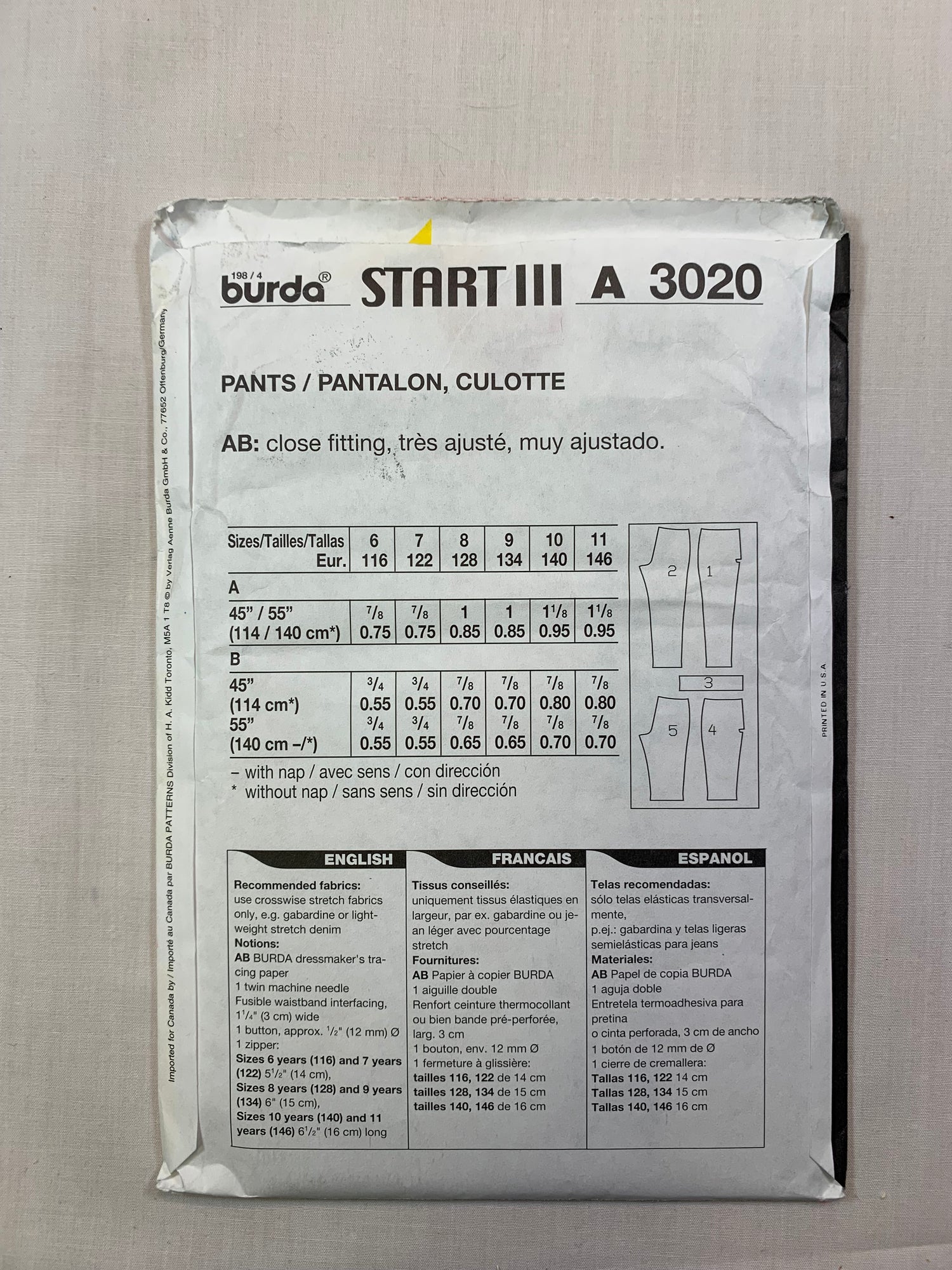 Burda Sewing Pattern 3020 Girls' Pants, Close-Fitting, Two Lengths, Zipper Front, Cuffs, Size 6-11, Uncut, 2000