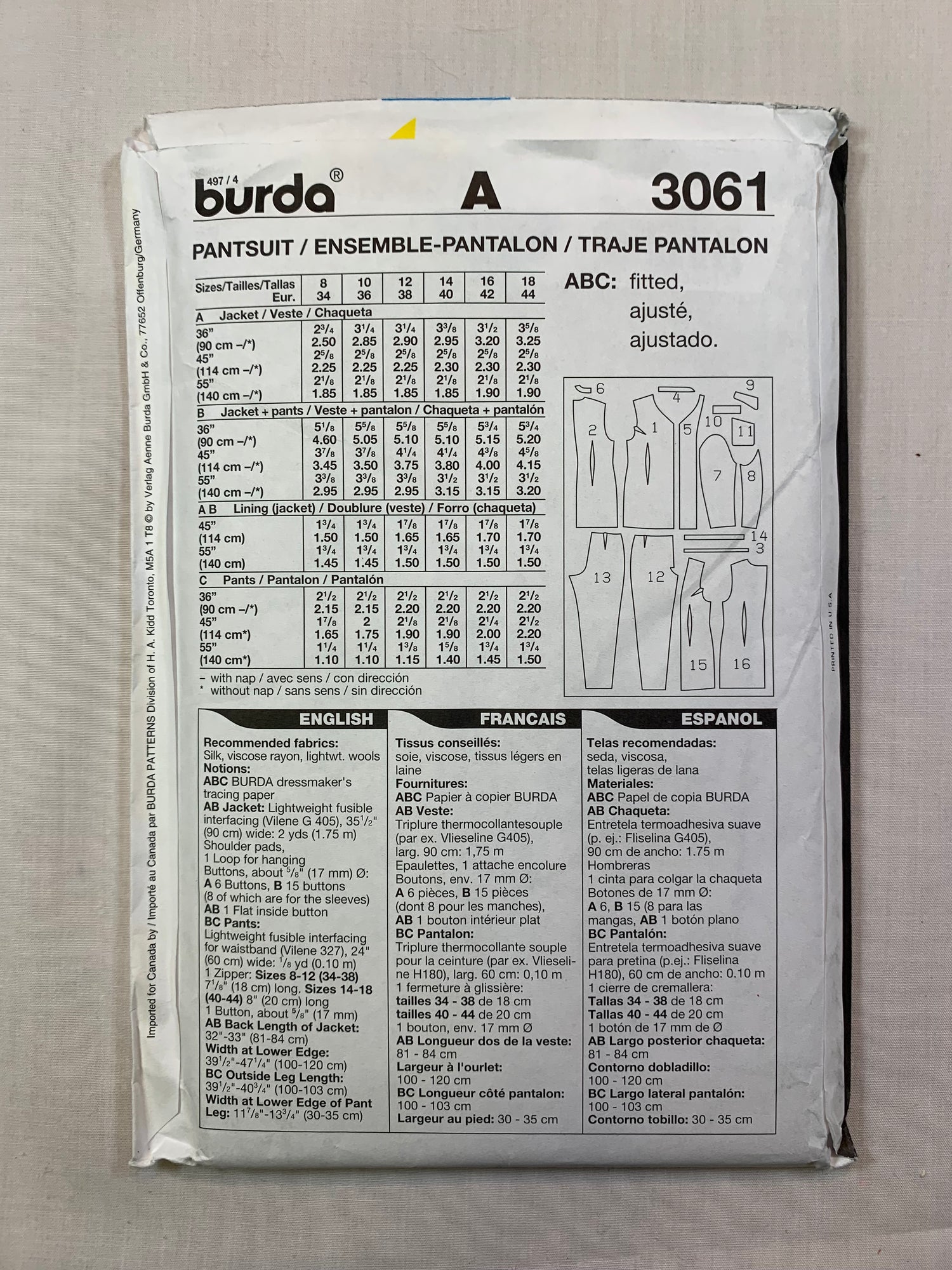 Burda Sewing Pattern 3061 Misses' Pants, Jacket, Pantsuit, Button Front, Pockets, Zipper Back, Size 8-18, Uncut, 2000
