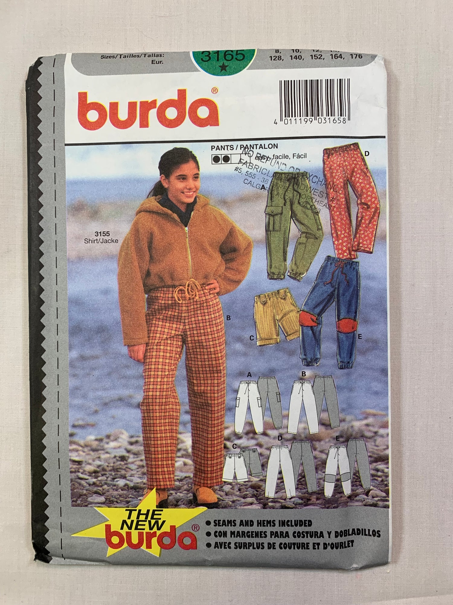 Burda Sewing Pattern 3165 Girls' Pants, Shorts,Pockets, Elastic Waist, Pull-On, Drawstring, Size 8-16, Uncut, 2000