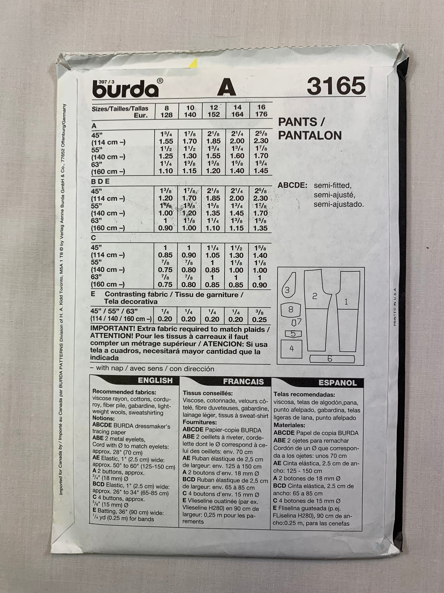 Burda Sewing Pattern 3165 Girls' Pants, Shorts,Pockets, Elastic Waist, Pull-On, Drawstring, Size 8-16, Uncut, 2000