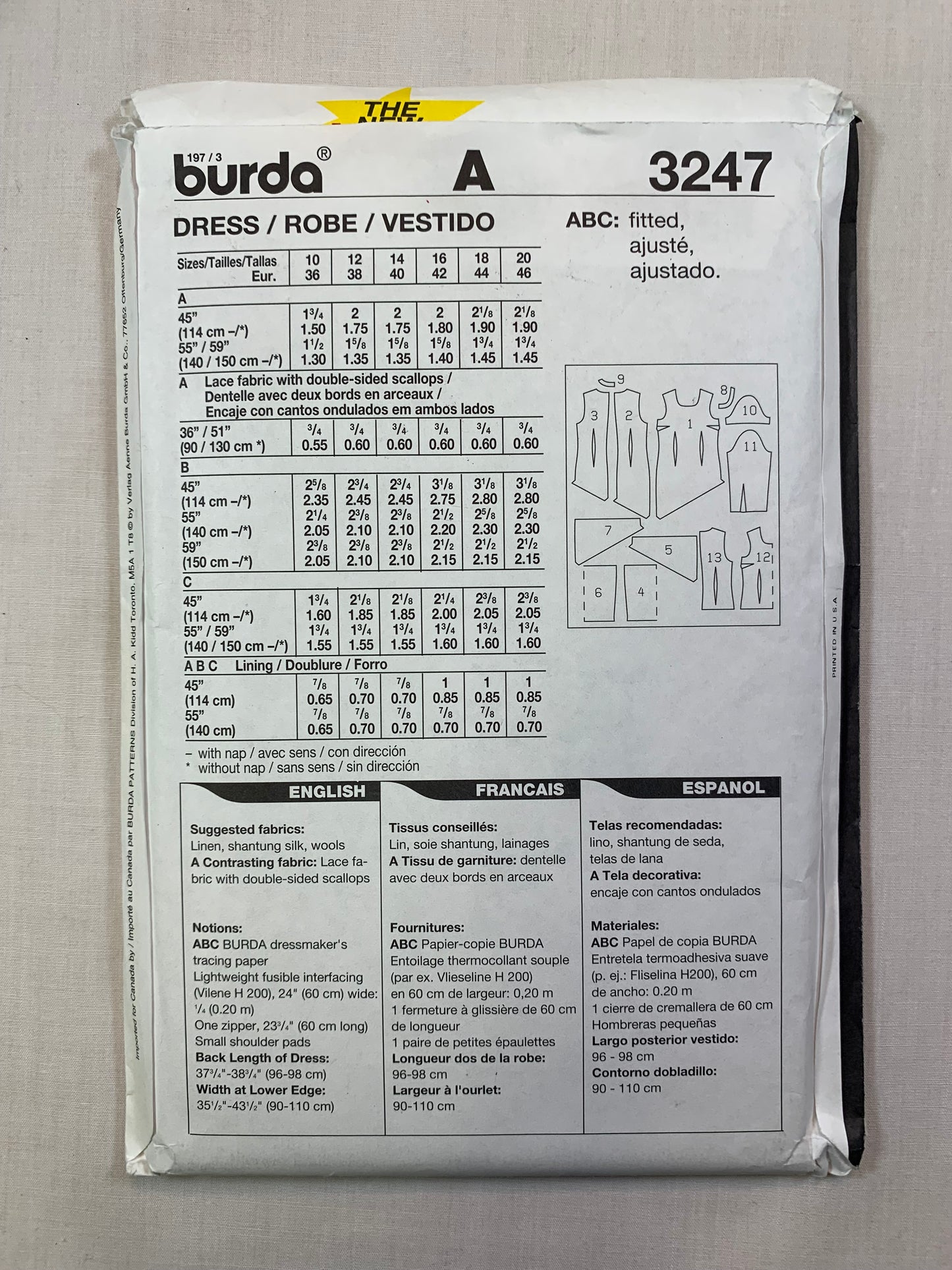 Burda Sewing Pattern 3247 Misses' Dress, 3 Variations, Long/Short Sleeves, Fitted, Darts, Size 10-20. Uncut, 2001