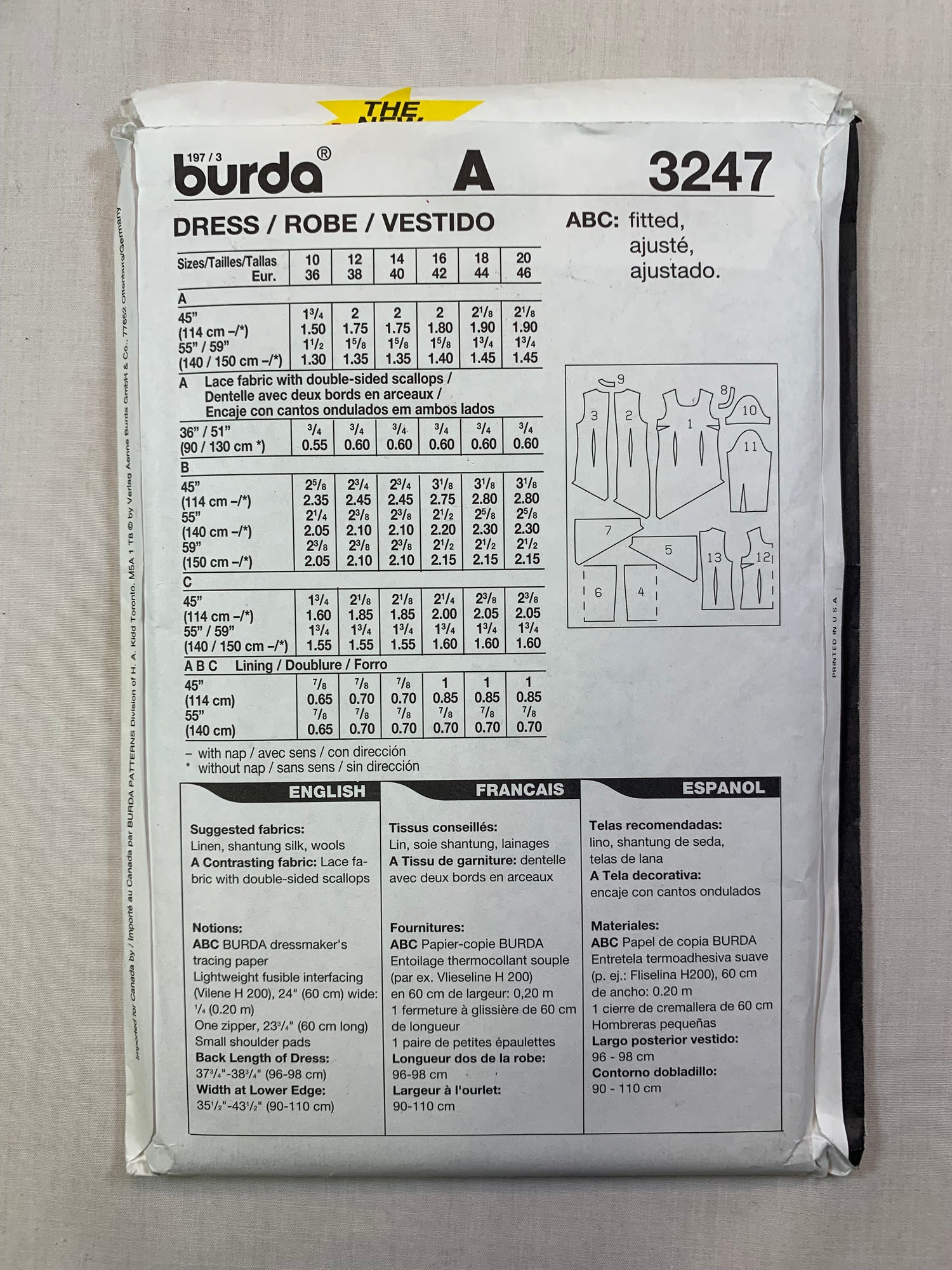 Burda Sewing Pattern 3247 Misses' Dress, 3 Variations, Long/Short Sleeves, Fitted, Darts, Size 10-20. Uncut, 2001