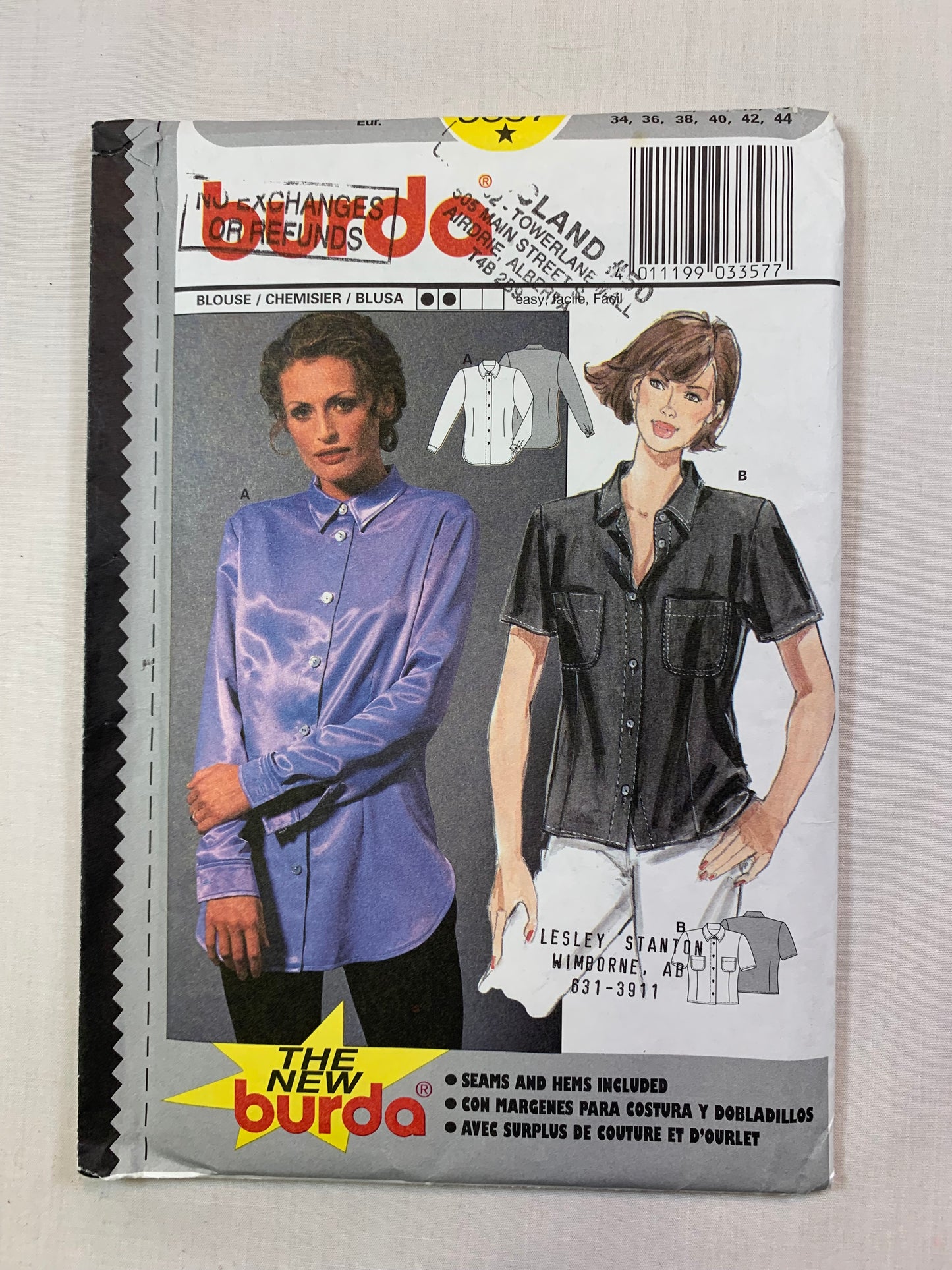Burda Sewing Pattern 3357 Misses' Blouse, Semi-Fitted, Long/Short Sleeves, Collar, Pockets, Button Front, Size 8-18, Uncut, 2000