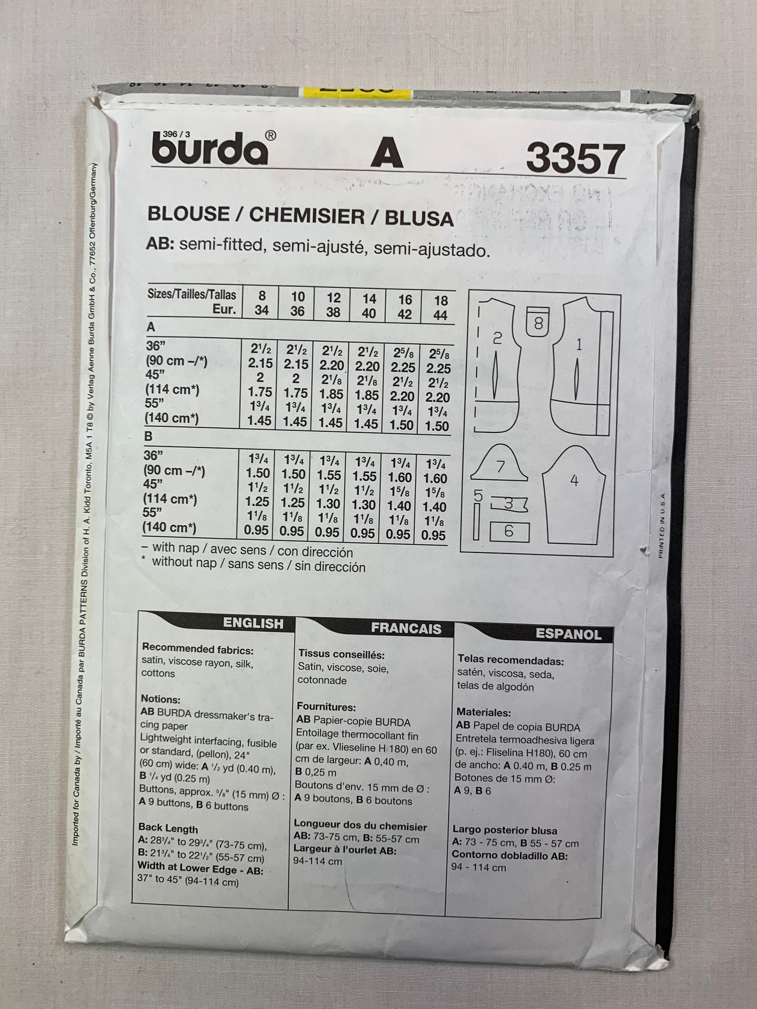 Burda Sewing Pattern 3357 Misses' Blouse, Semi-Fitted, Long/Short Sleeves, Collar, Pockets, Button Front, Size 8-18, Uncut, 2000
