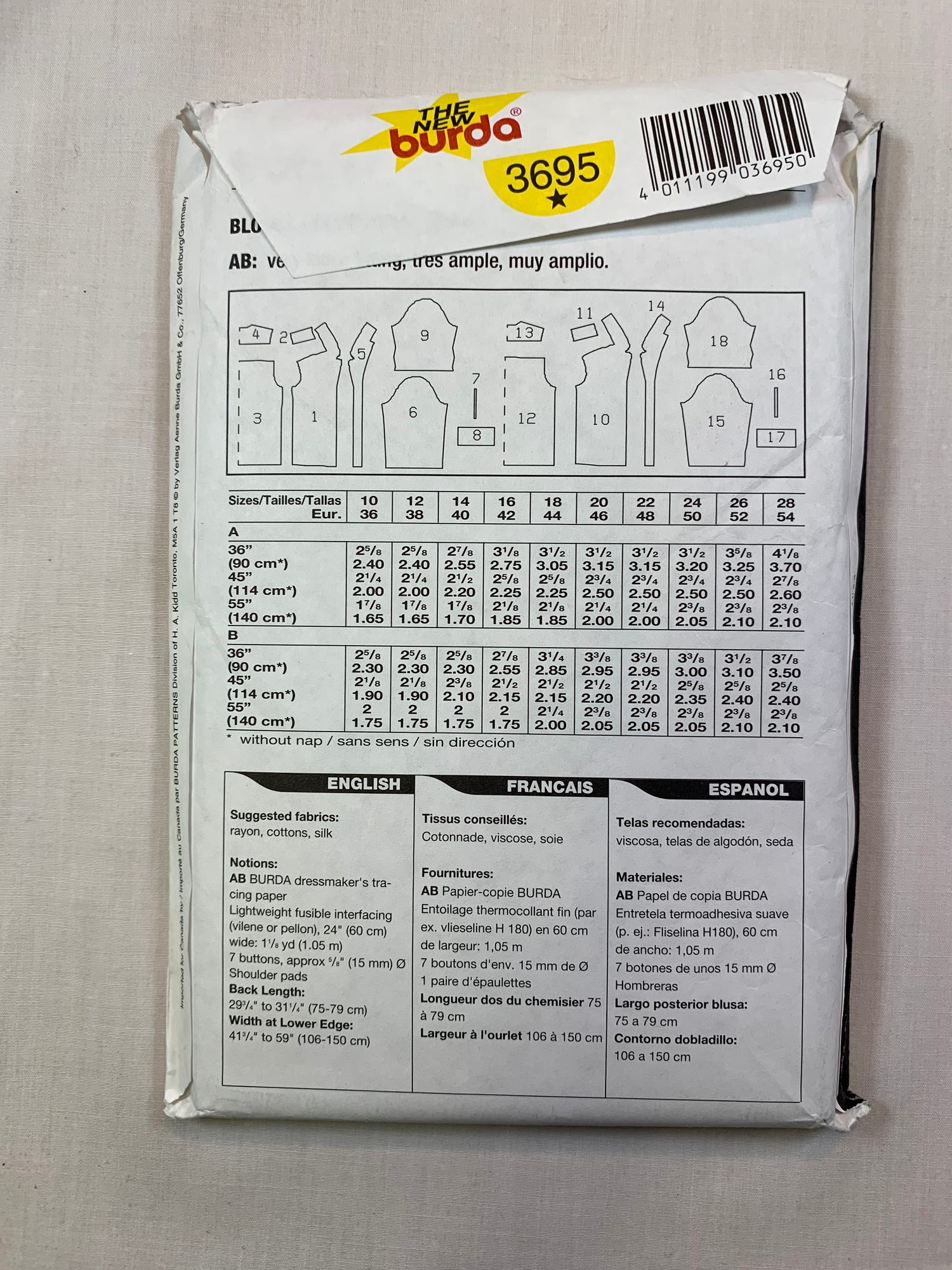 Burda Sewing Pattern 3695 Misses' Blouse, Loose-Fitting, Button Front, Collar, Long/Short Sleeves, Size 10-28, Uncut, 2000