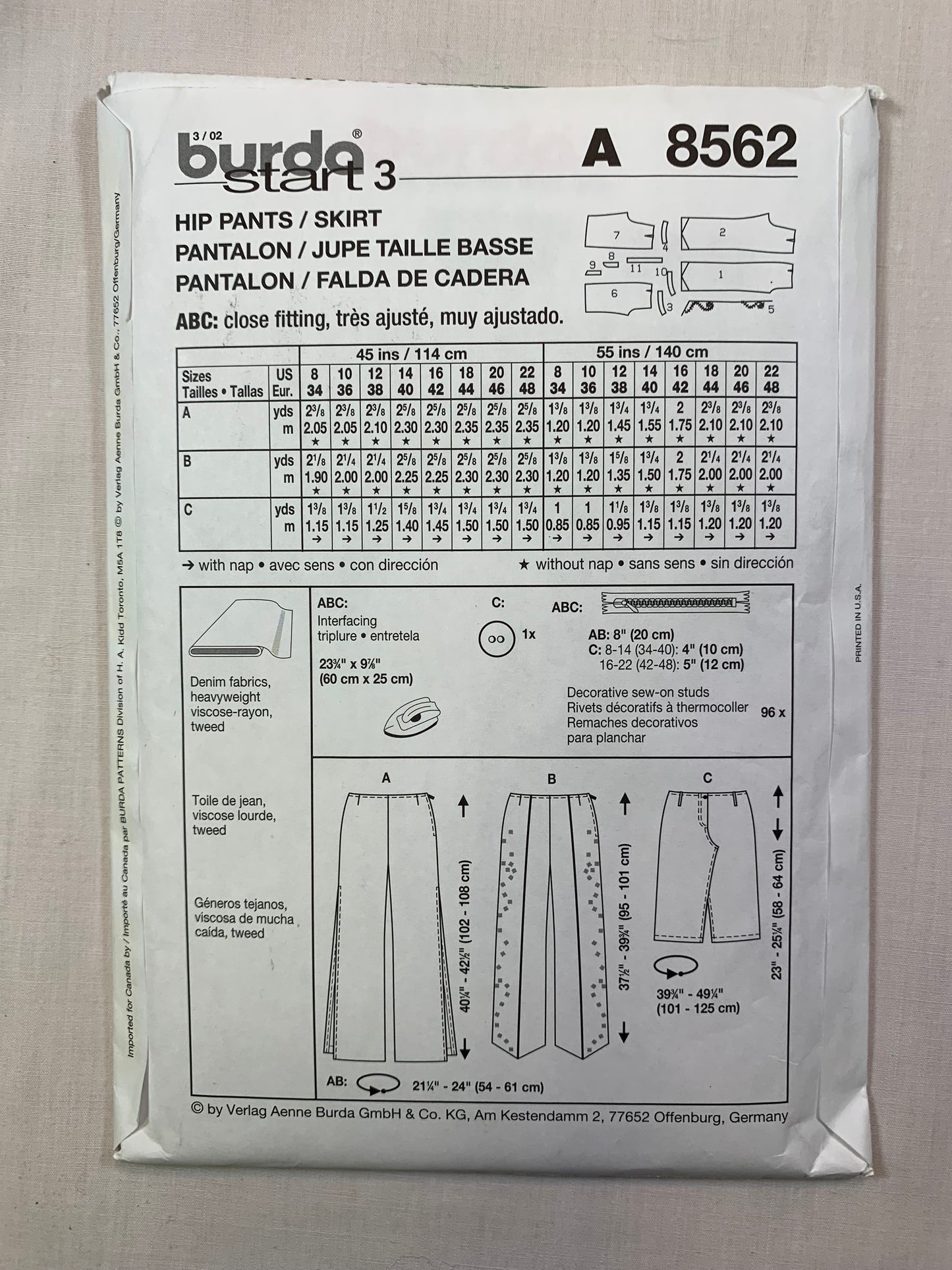 Burda Sewing Pattern 8562 Misses' Hip Pants, Skirt, Close-Fitting, 3 Variations, Side Zipper, Size 8-22, Uncut, 2005