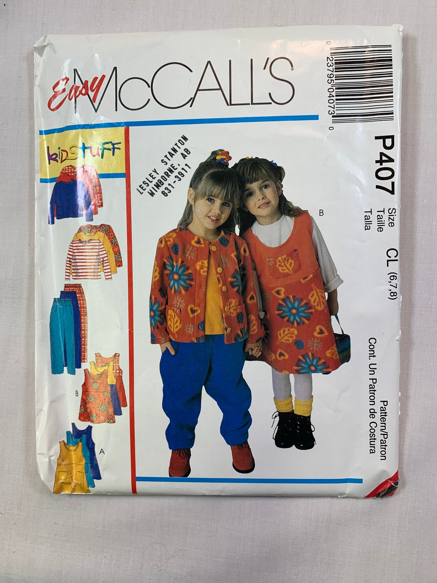 McCall's P407 Girls' Jacket, Jumper, Top, Pants, Size 6-8, Cut, Vintage 1998