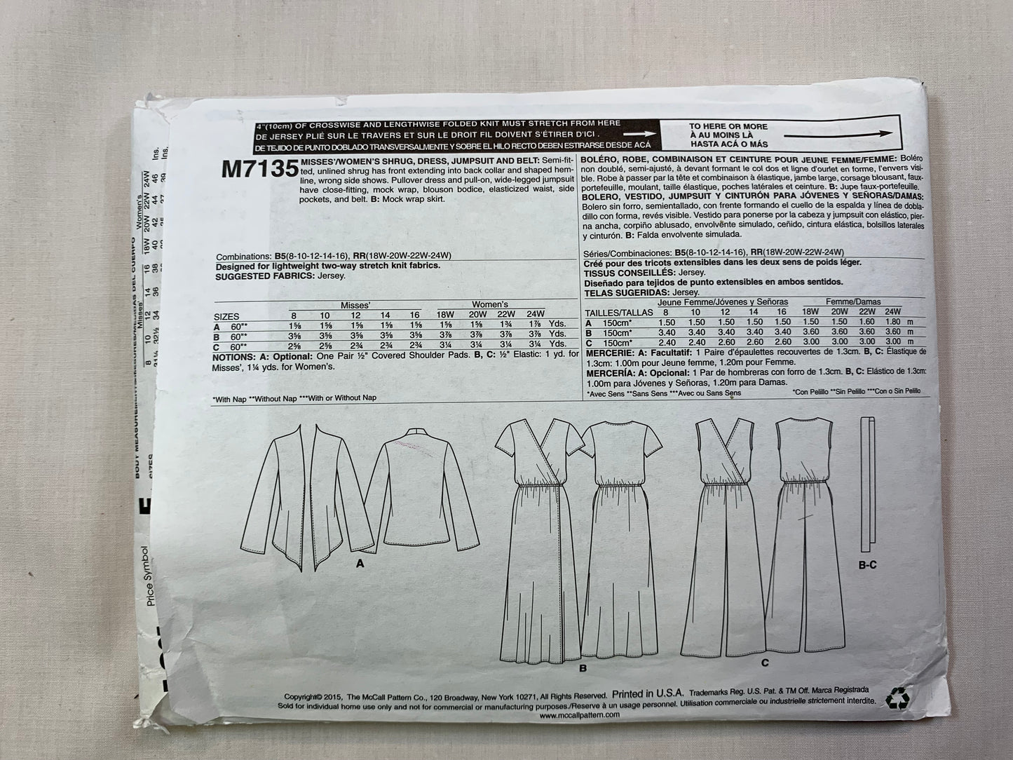McCall's M7135 Misses' Dress. Shrug, Jumpsuit, Belt, Size 8-16, Uncut, 2015