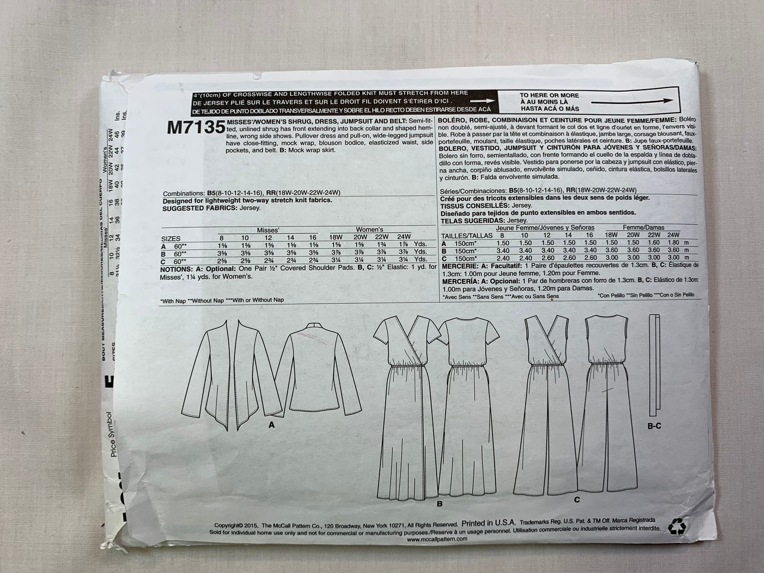 McCall's M7135 Misses' Dress. Shrug, Jumpsuit, Belt, Size 8-16, Uncut, 2015