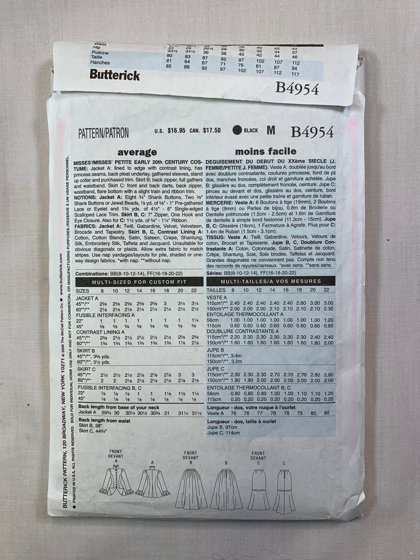 Butterick B4954 Costumes, Crafts, Misses' /Misses' Petite, Early 20th Century, Size 8-14, Cut, 2008