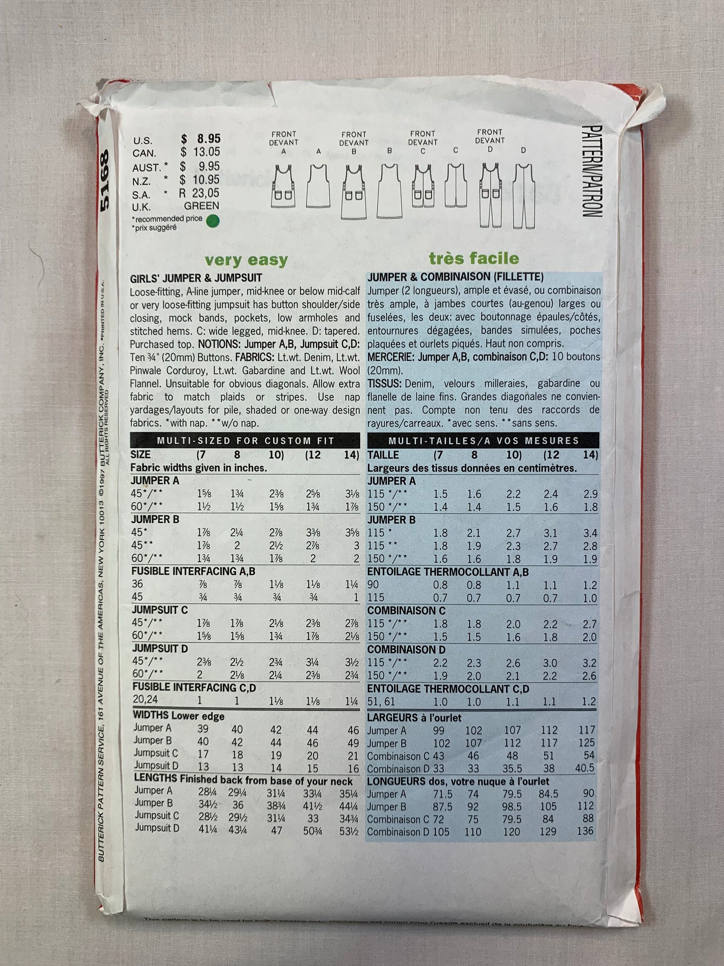 Butterick Sewing Pattern 5168 Girls' Jumper, Jumpsuit, Pockets, Sleeveless, 9 Variations, Size 7-10, Uncut, Vintage 1997