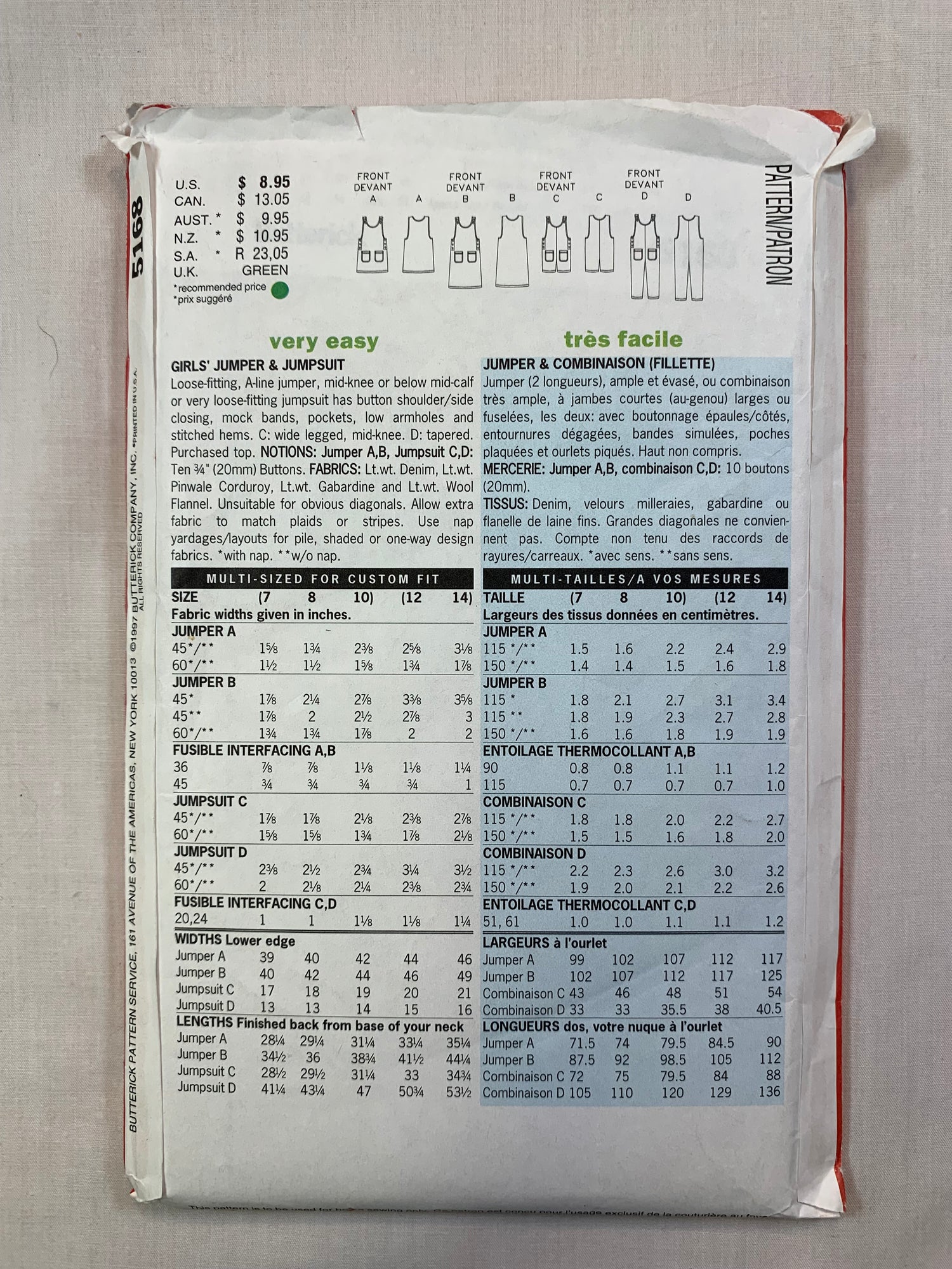 Butterick Sewing Pattern 5168 Girls' Jumper, Jumpsuit, Pockets, Sleeveless, 9 Variations, Size 7-10, Uncut, Vintage 1997