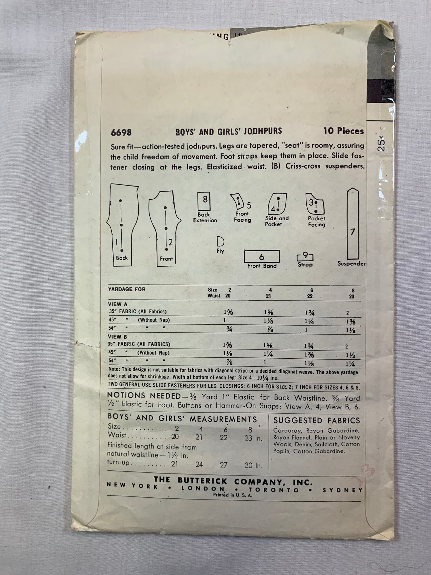 Butterick 6698 Girls' Boys' Jodhpurs, Pants, Size 4, Cut, Vintage 1953
