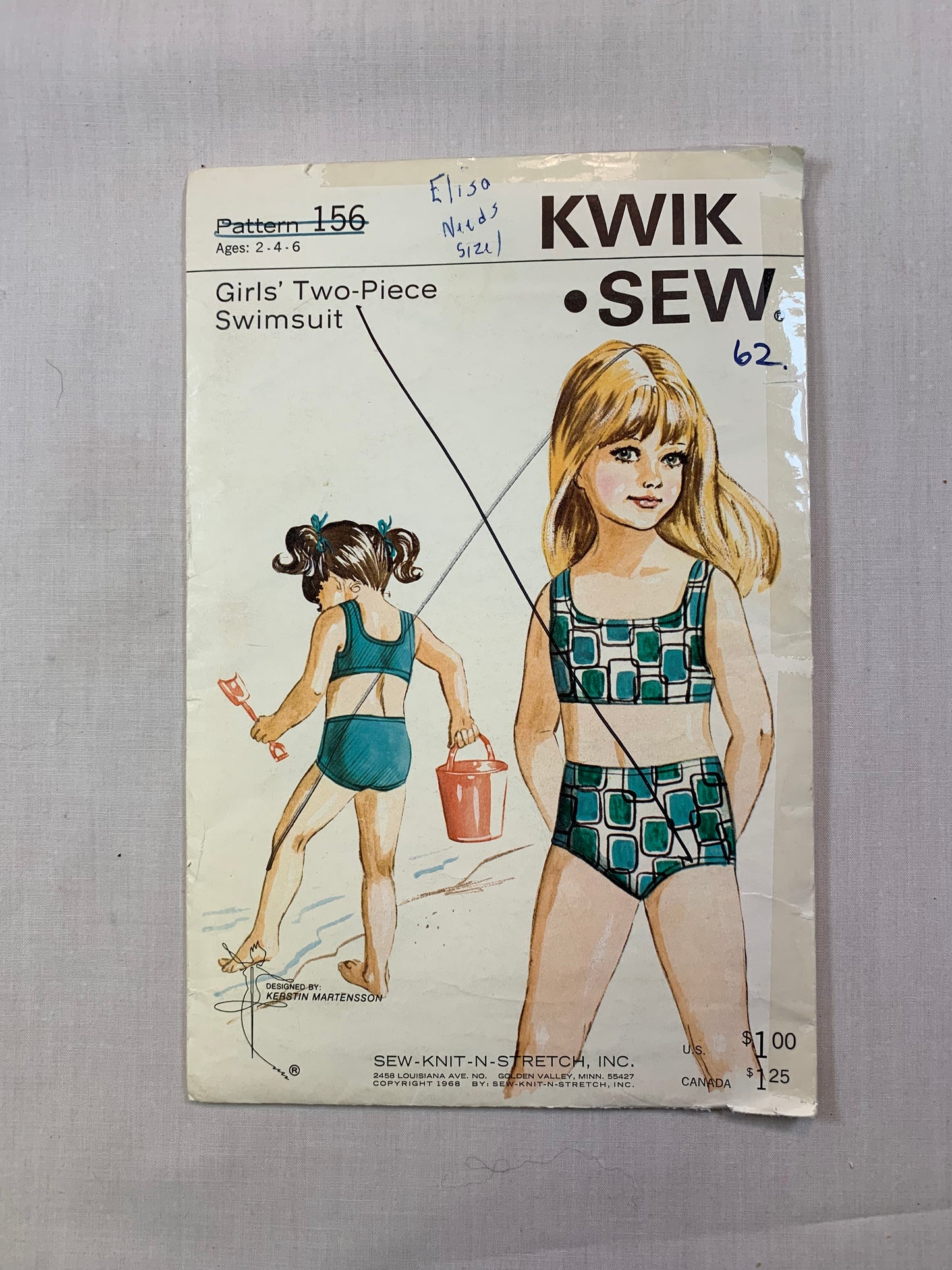 KWIK 156 Girls' Two-Piece Swimsuit, Size 2-6, Uncut, Vintage 1968