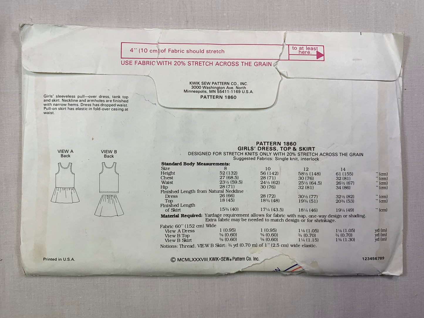 KWIK 1860 Girls' Skirts, Size 8-14, Uncut, Vintage 1988