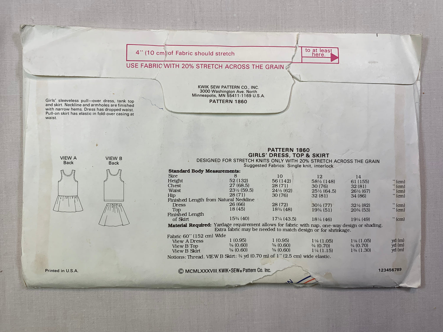 KWIK 1860 Girls' Skirts, Size 8-14, Uncut, Vintage 1988