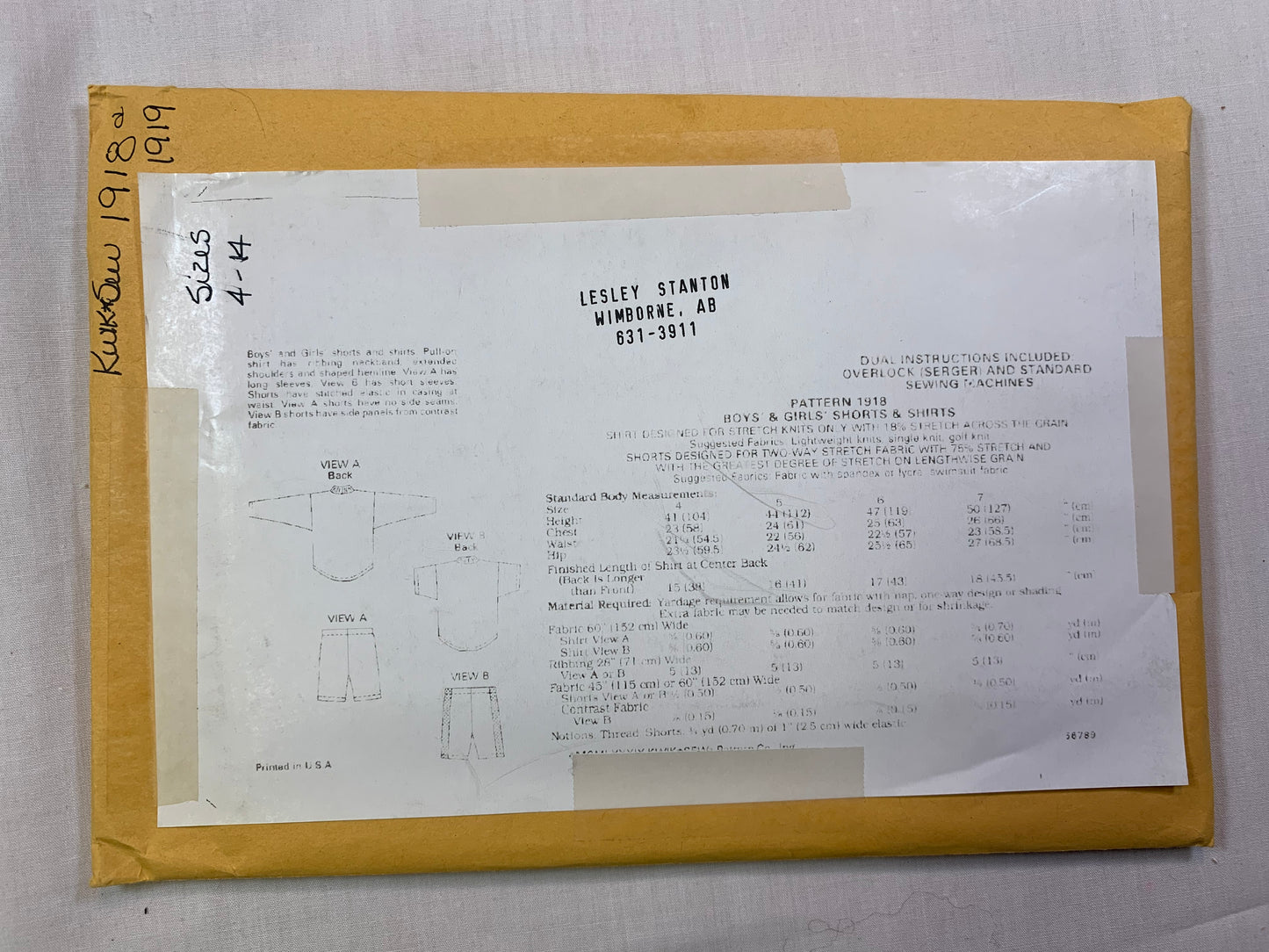 KWIK 1918 Boys' Girls' Top, Shorts, Size 4-14, Uncut