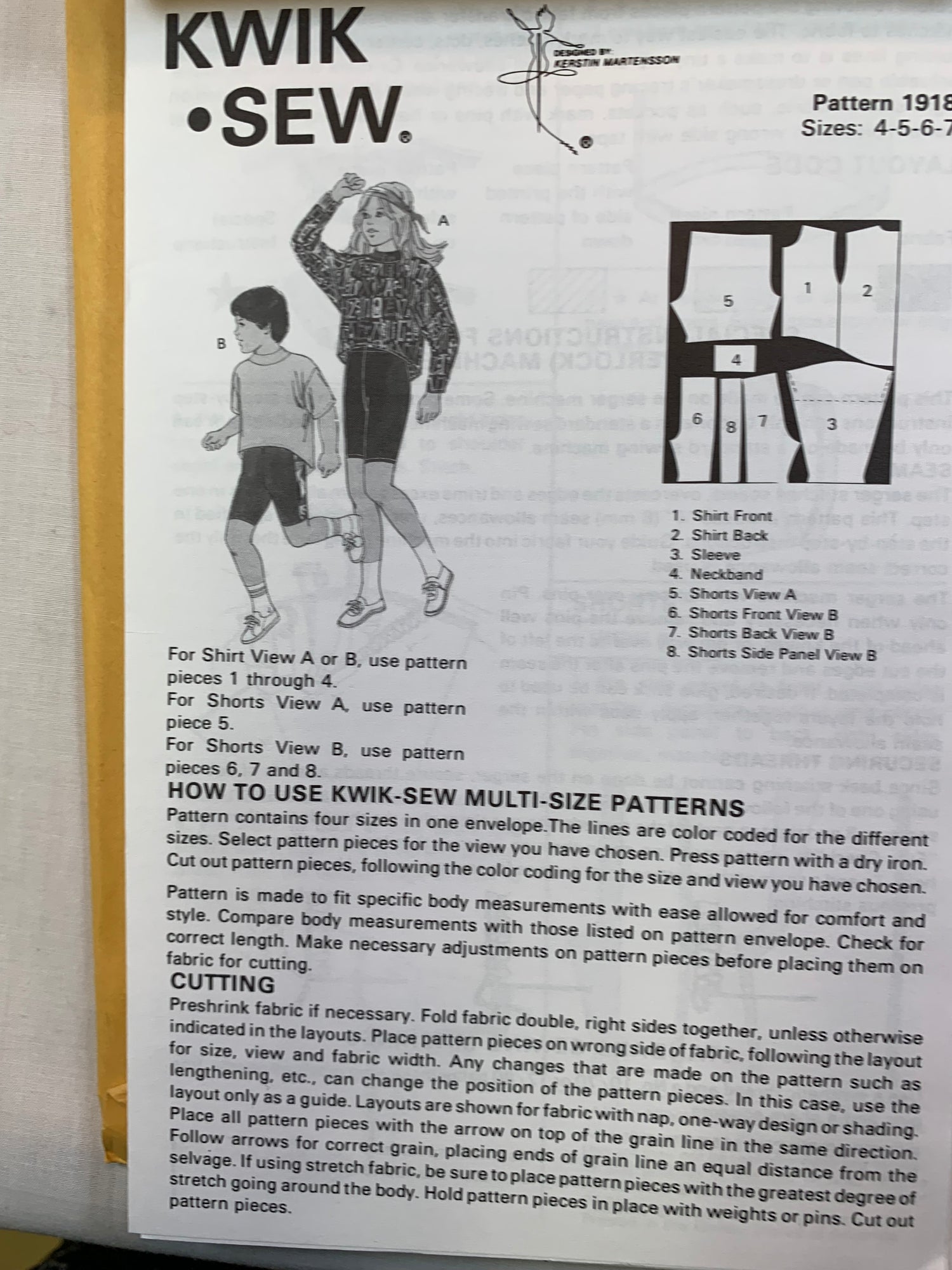 KWIK 1918 Boys' Girls' Top, Shorts, Size 4-14, Uncut