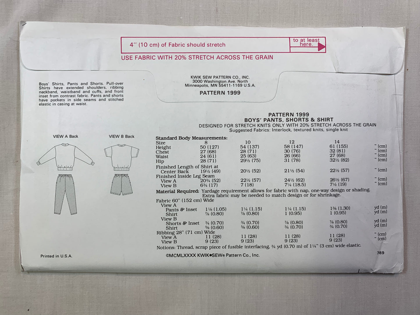 KWIK 1999 Boys' Top, Pants, Shorts, Size 8-14, Uncut, Vintage 1980