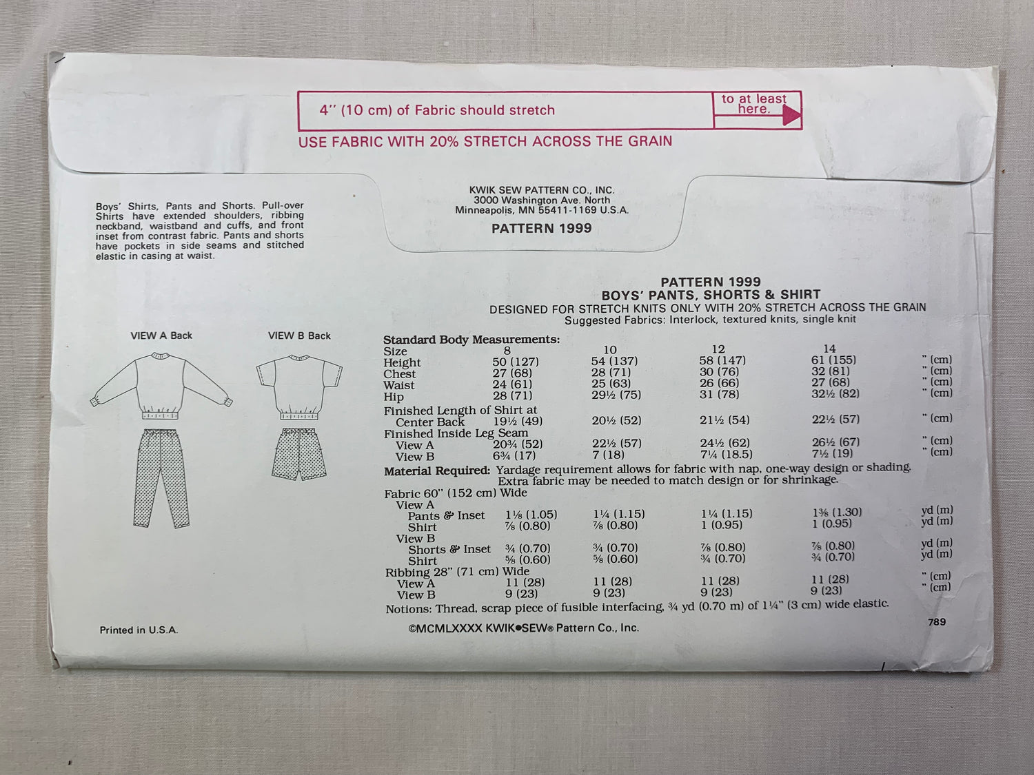 KWIK 1999 Boys' Top, Pants, Shorts, Size 8-14, Uncut, Vintage 1980