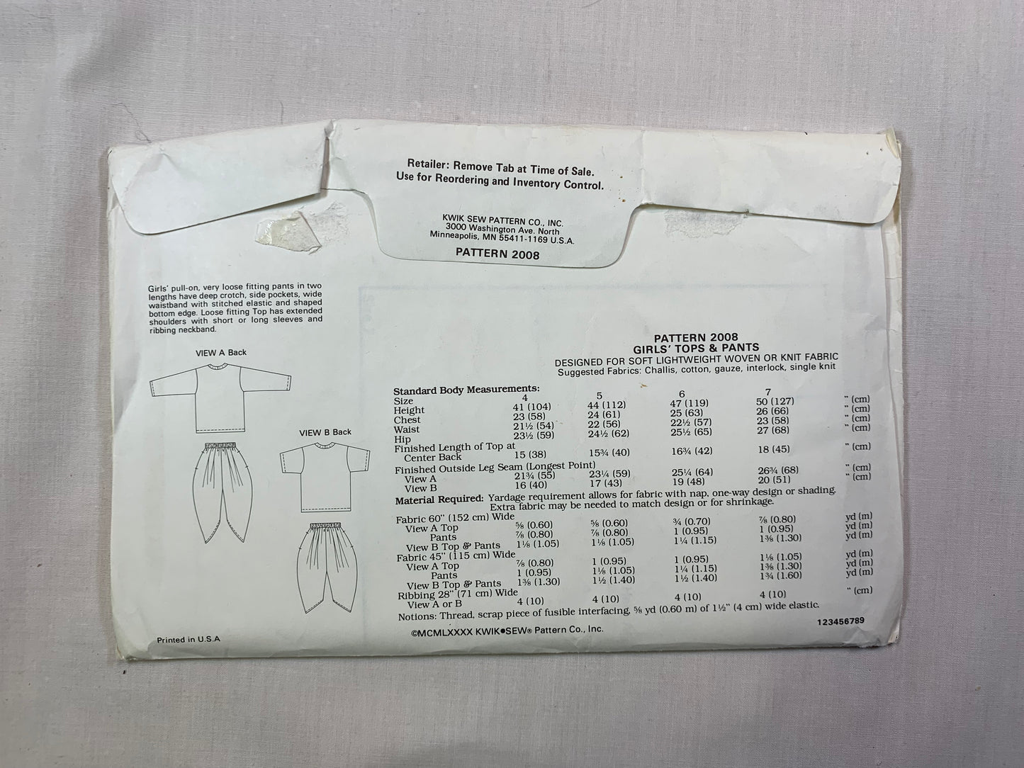KWIK 2008 Girls' Top, Pants, Size 4-7, Uncut, Vintage 1980