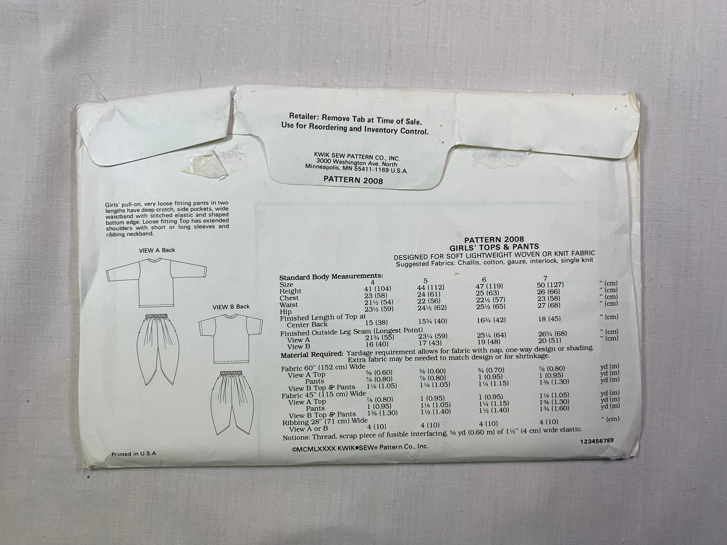 KWIK 2008 Girls' Top, Pants, Size 4-7, Uncut, Vintage 1980