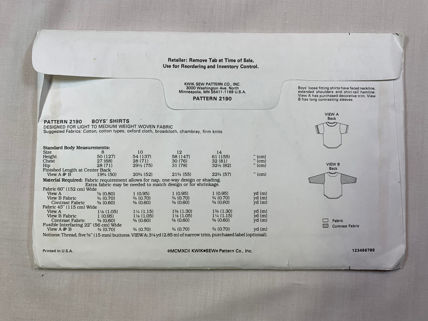 KWIK 2190 Boys' Shirts, Size 8-14, Uncut, Vintage 1992