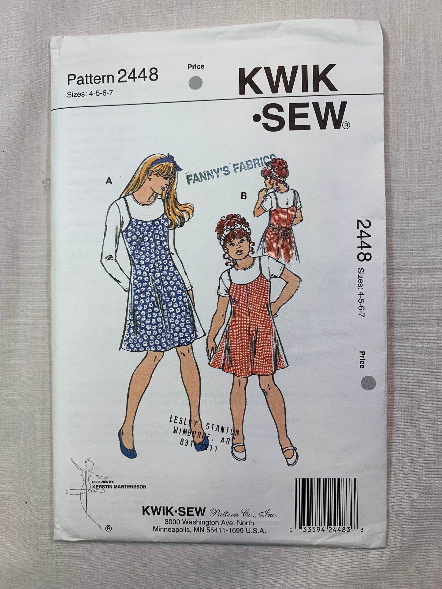KWIK 2448 Girls' Jumpr, Dress, Tops, Size 4-7, Uncut, Vintage 1995