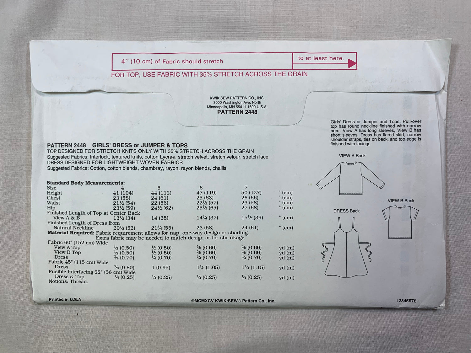 KWIK 2448 Girls' Jumpr, Dress, Tops, Size 4-7, Uncut, Vintage 1995