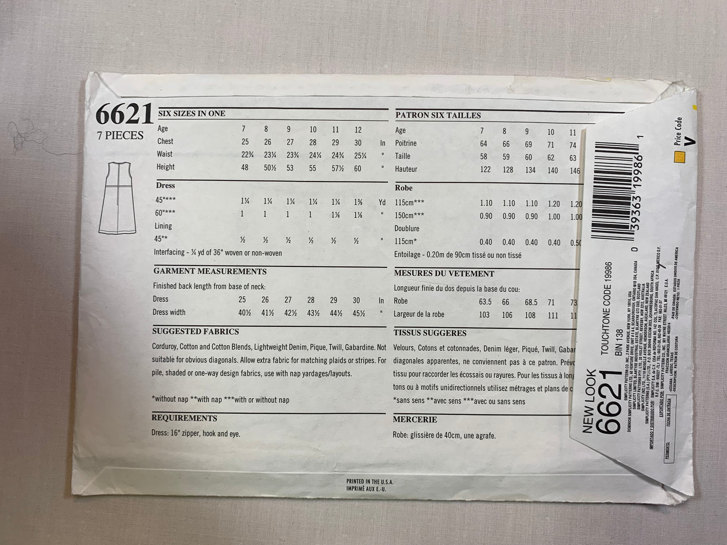Simplicity New Look 6621 Girls' Dress Jumper, Size 7-12, Uncut, Vintage 1996