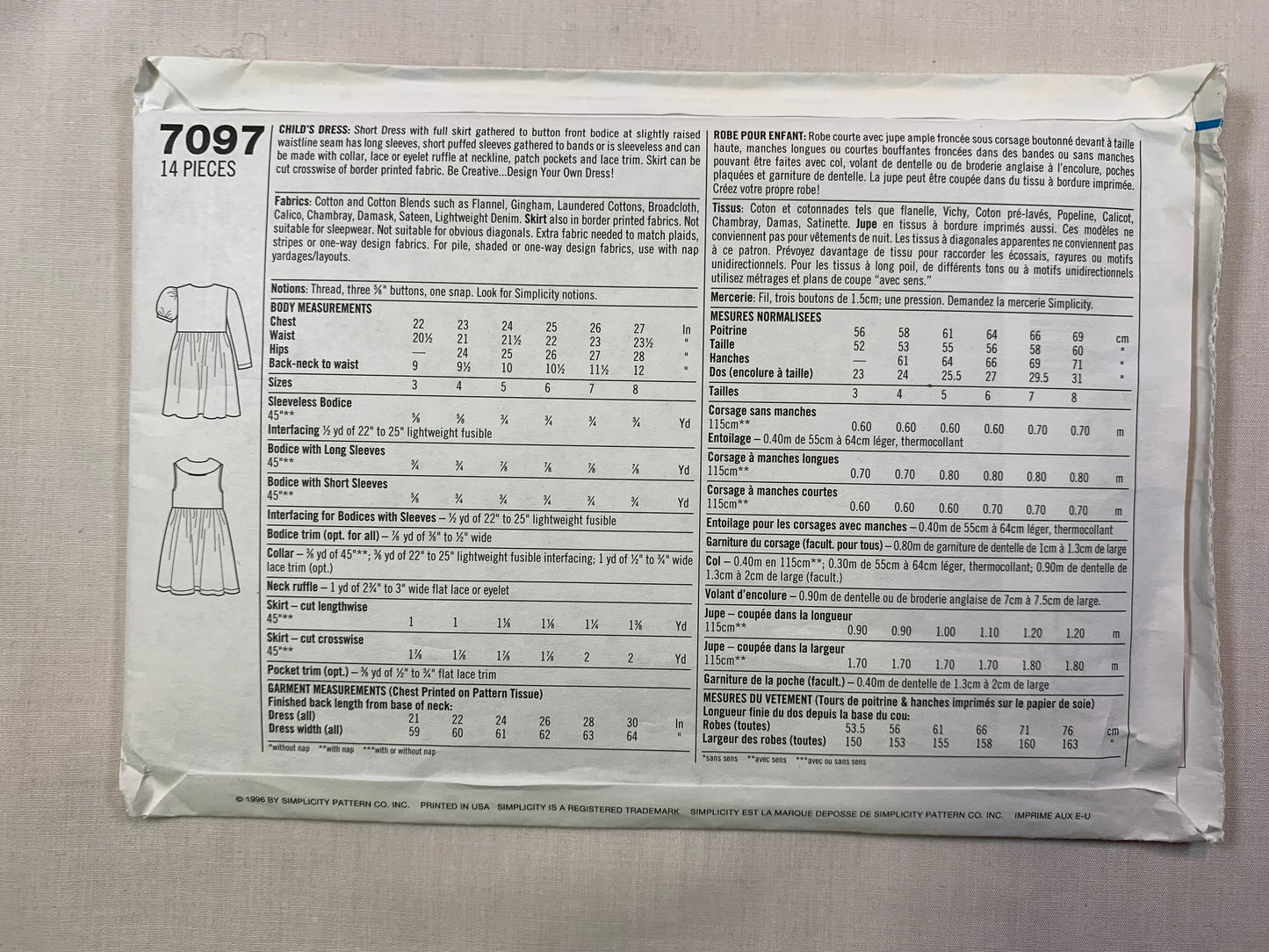Simplicity 7097 Girls' Dress, Size 5-8, Uncut, Vintage 1996