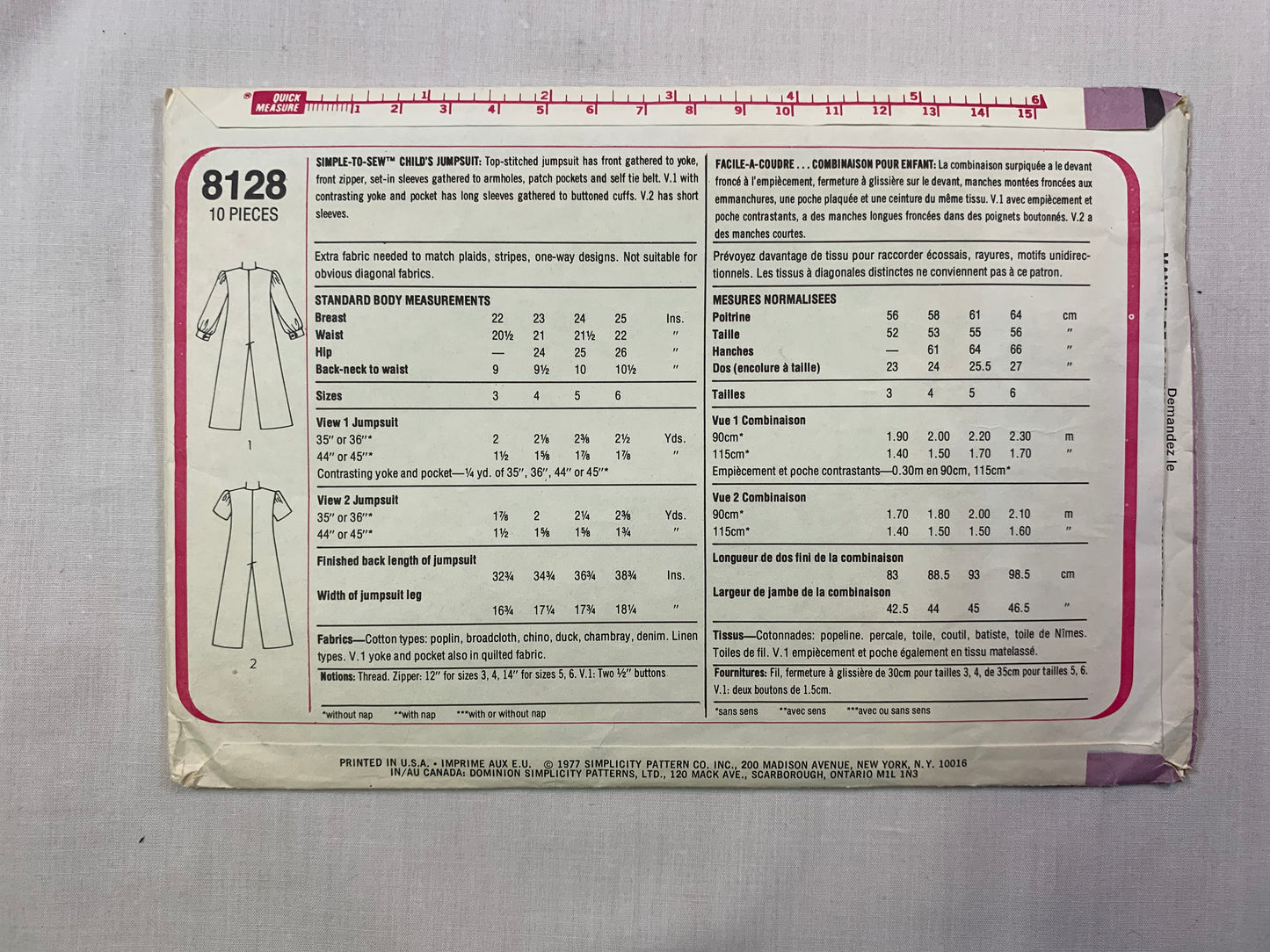 Simplicity 8128 Girls' Jumpsuit, Size 3-4, Cut, Vintage 1977