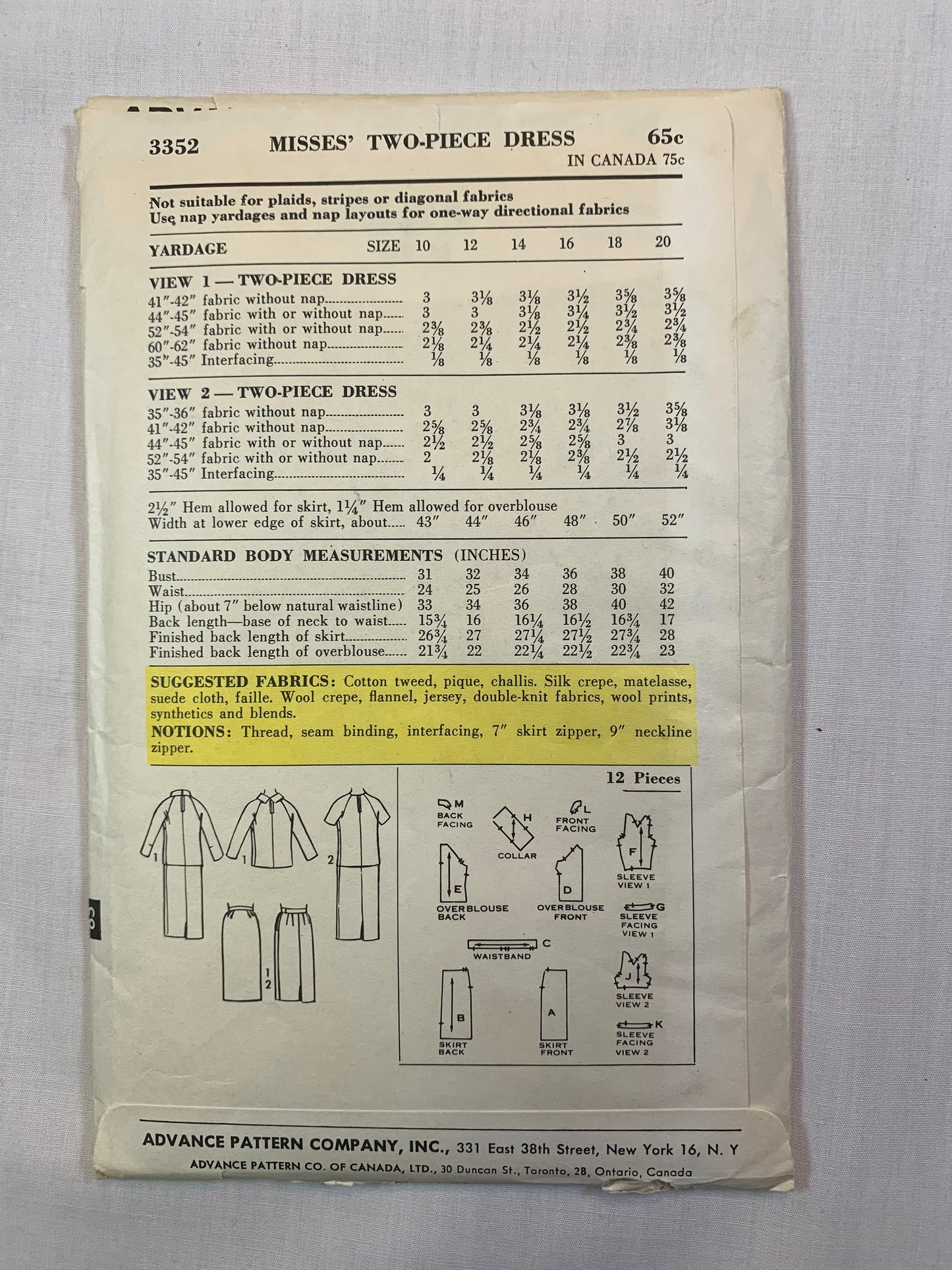 Advance Sew Easy 3352 Misses' Dress, Skirt, Top, Size 10. Cut, 1960