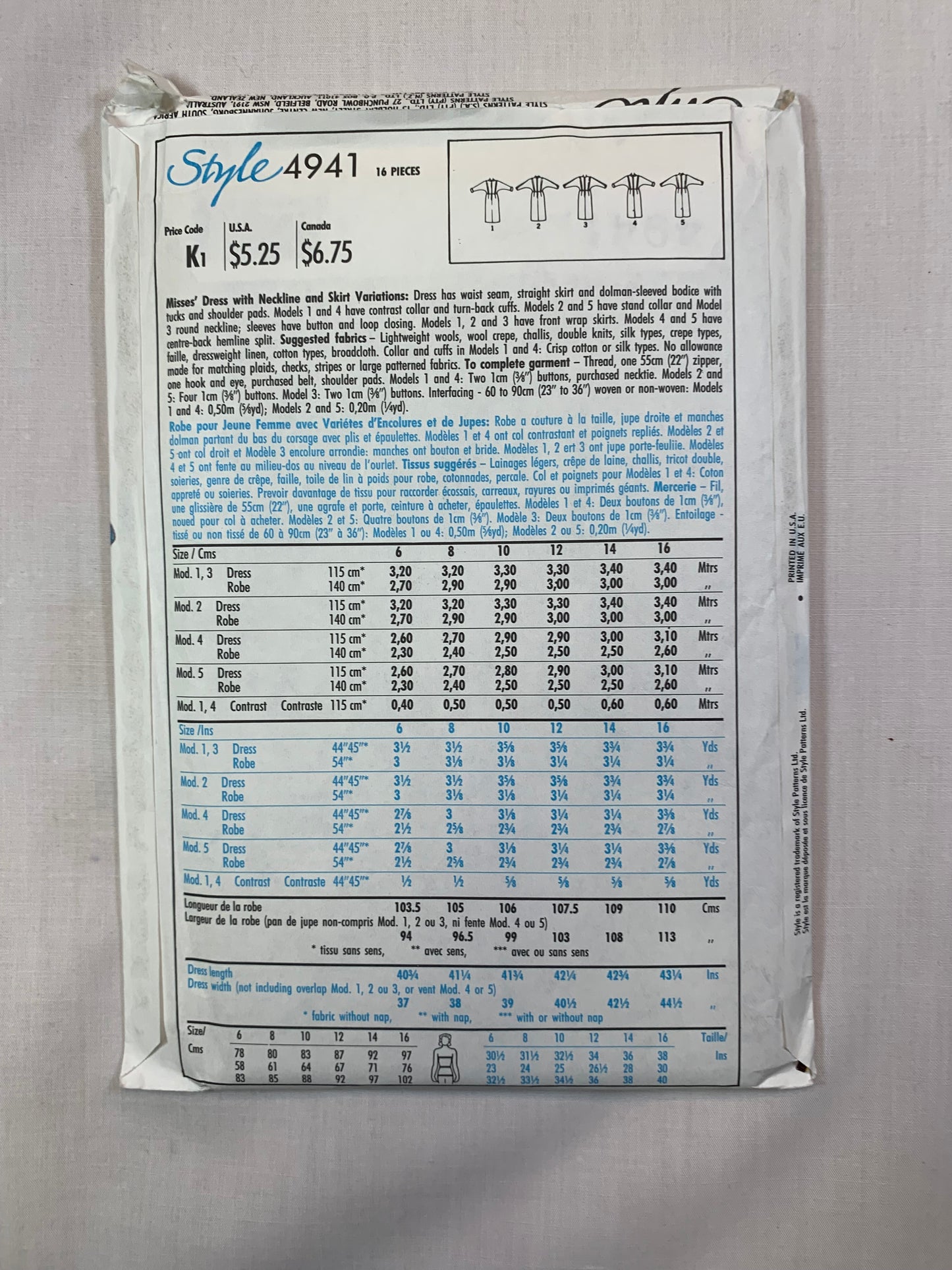 Style 4941 Misses' Dress, Size 10, Uncut, Vintage 1986