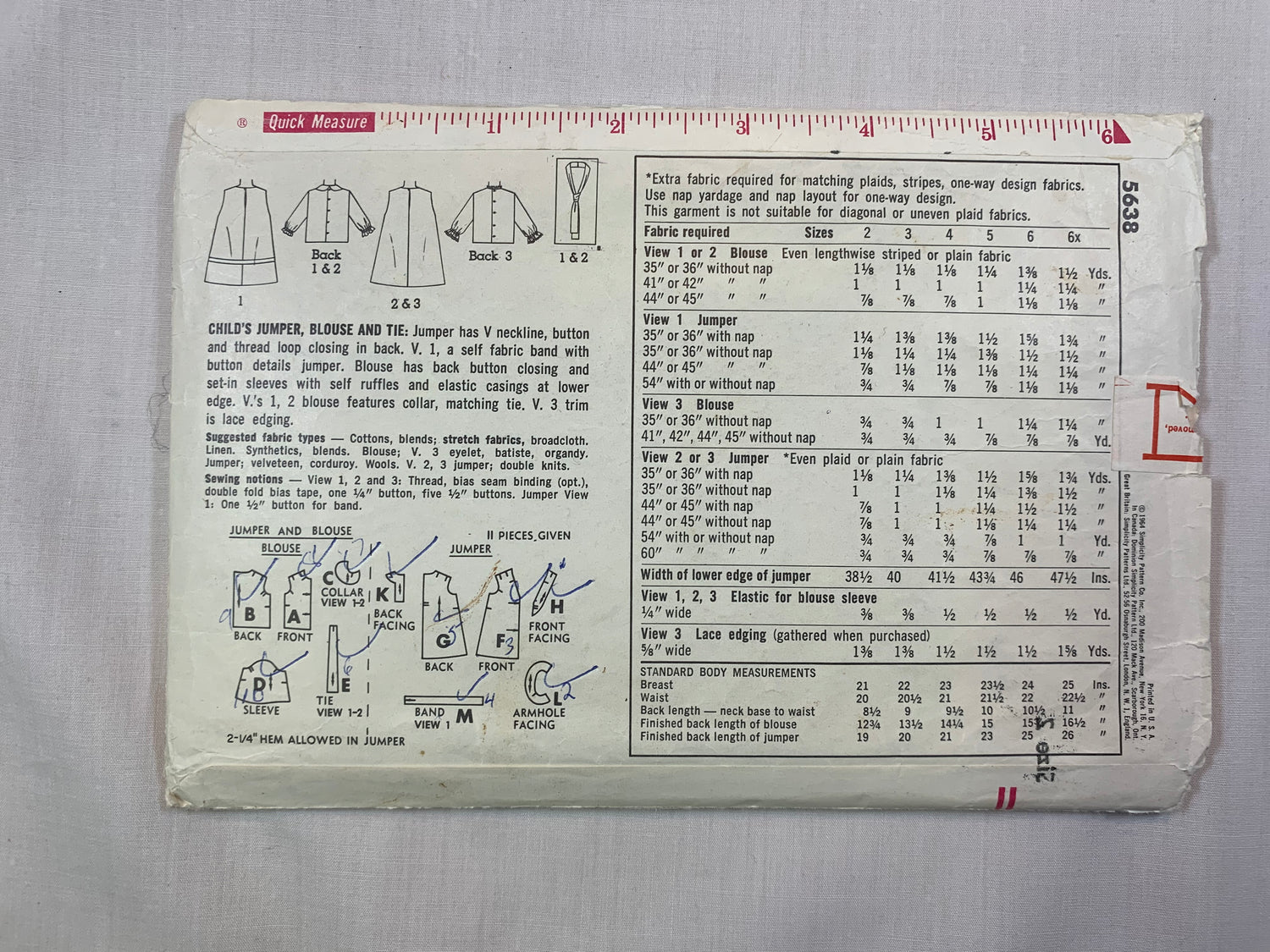 Simplicity 5638 Girls' Blouse, Jumper, Tie, Size 2, Cut, Vintage 1964