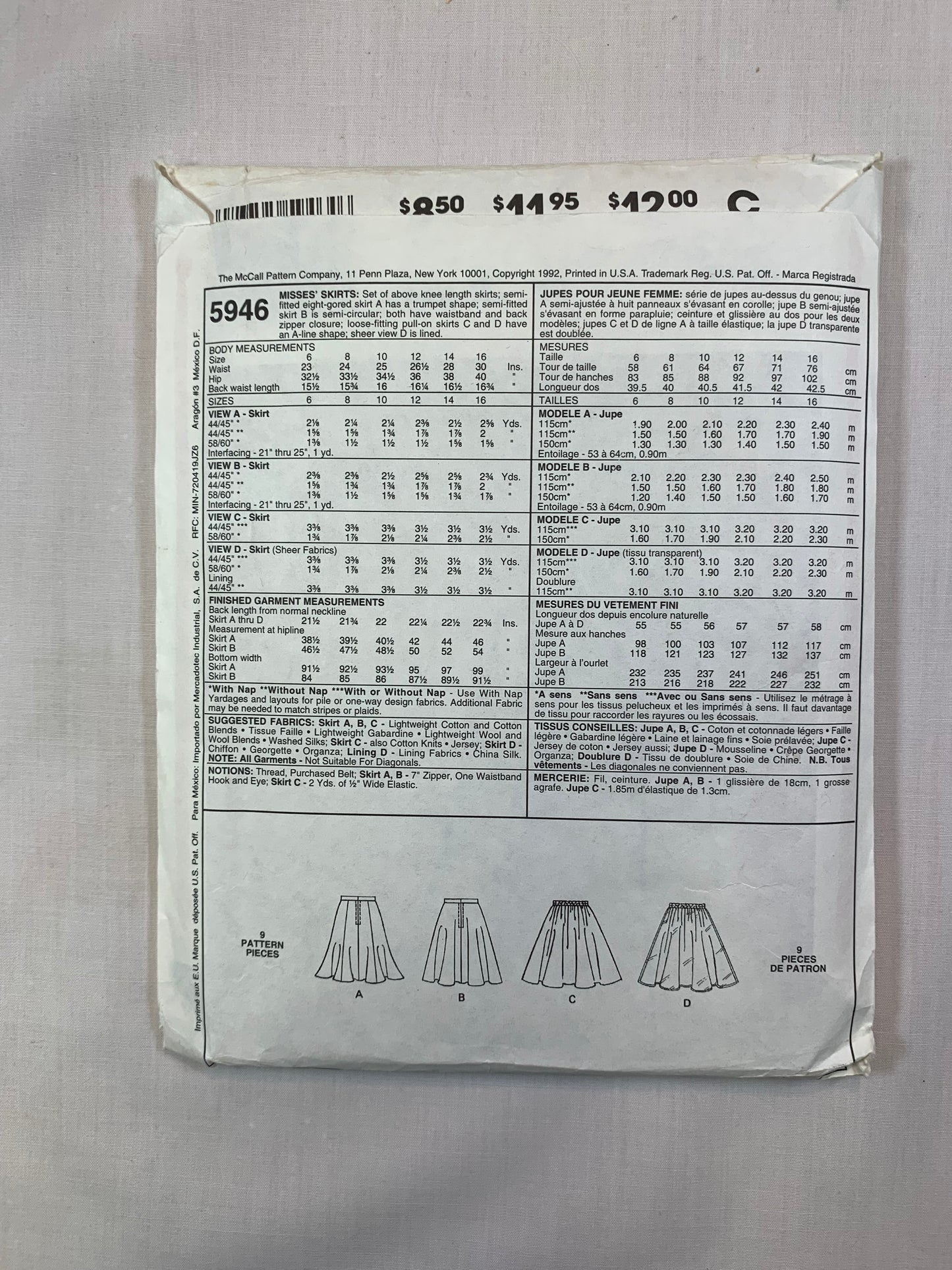 McCall's 5946 Misses' Skirt, Size 12, Cut, Vintage 1992