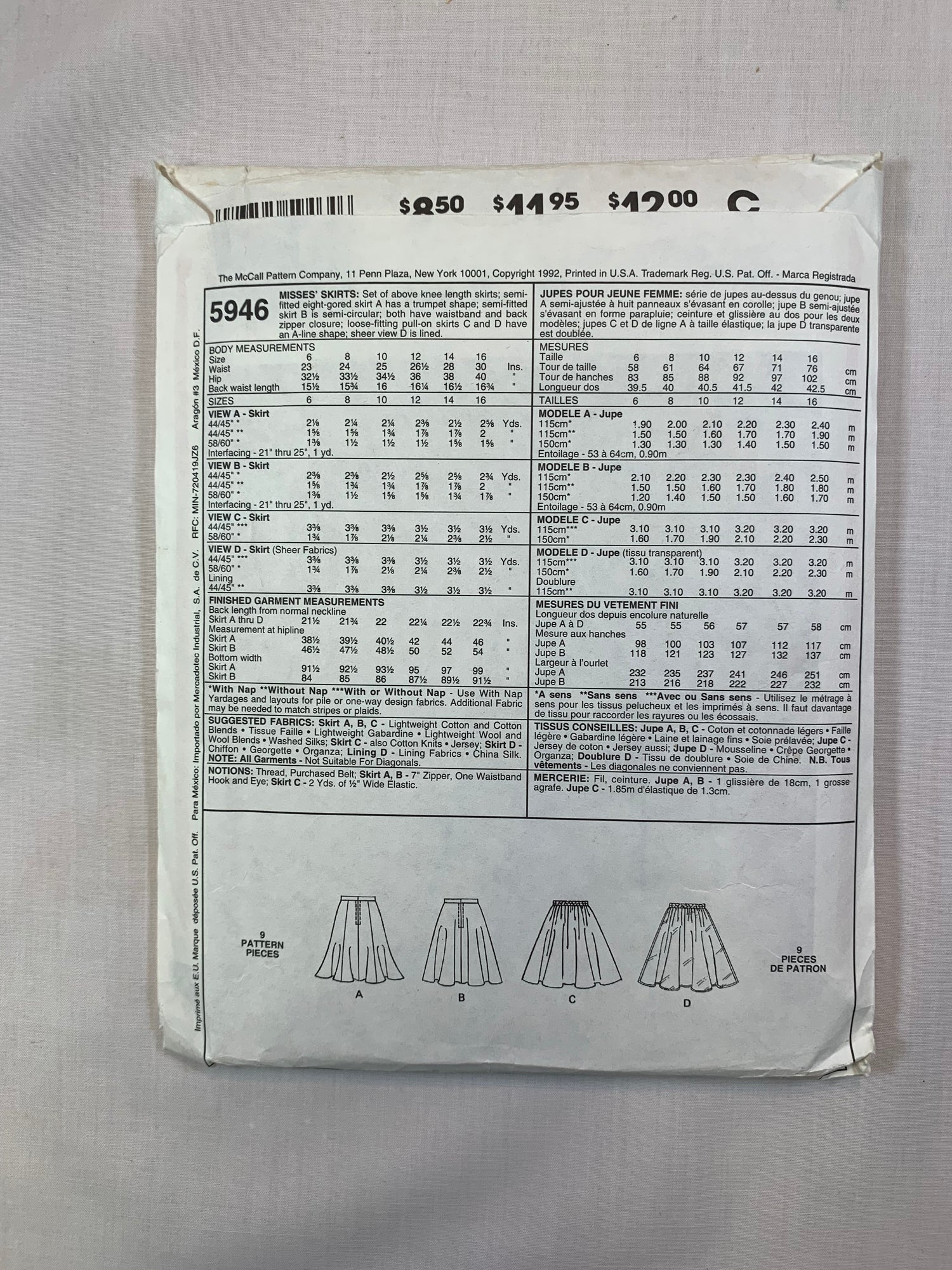 McCall's 5946 Misses' Skirt, Size 12, Cut, Vintage 1992