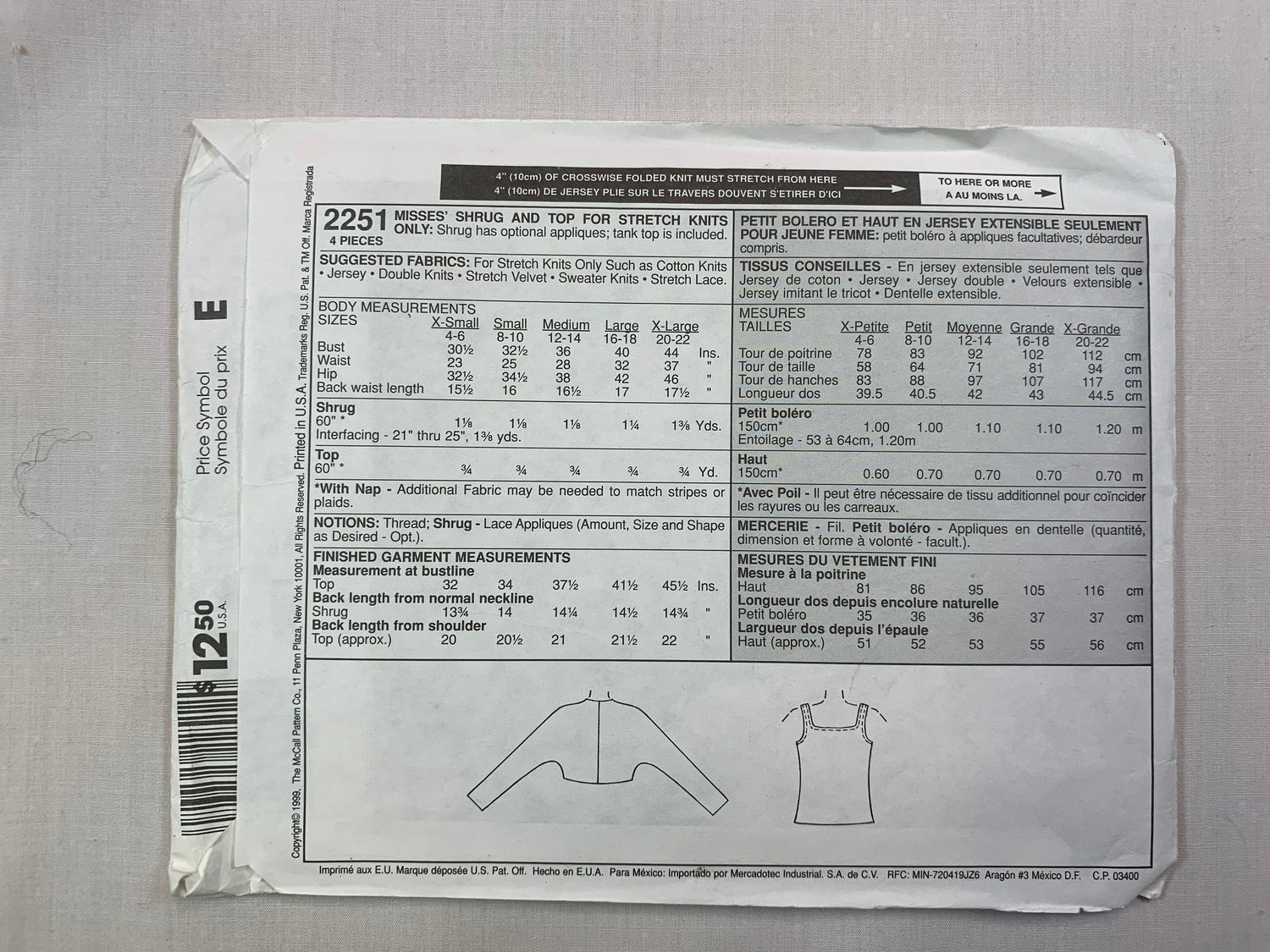 McCall's 2251 Misses' Shrug, Top, Size 8-10, Cut, Vintage 1999