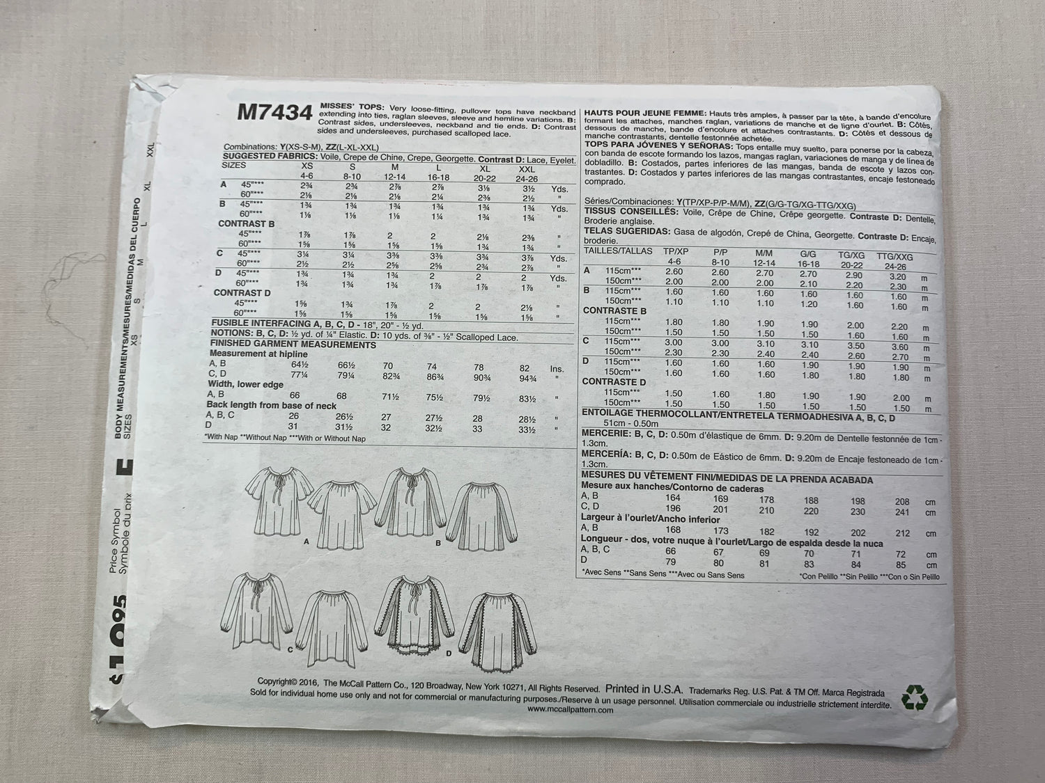 McCall's Sewing Pattern M7434 Misses' Tops, Loose-Fitting, Pullover, Long Raglan Sleeves, Size 4-10