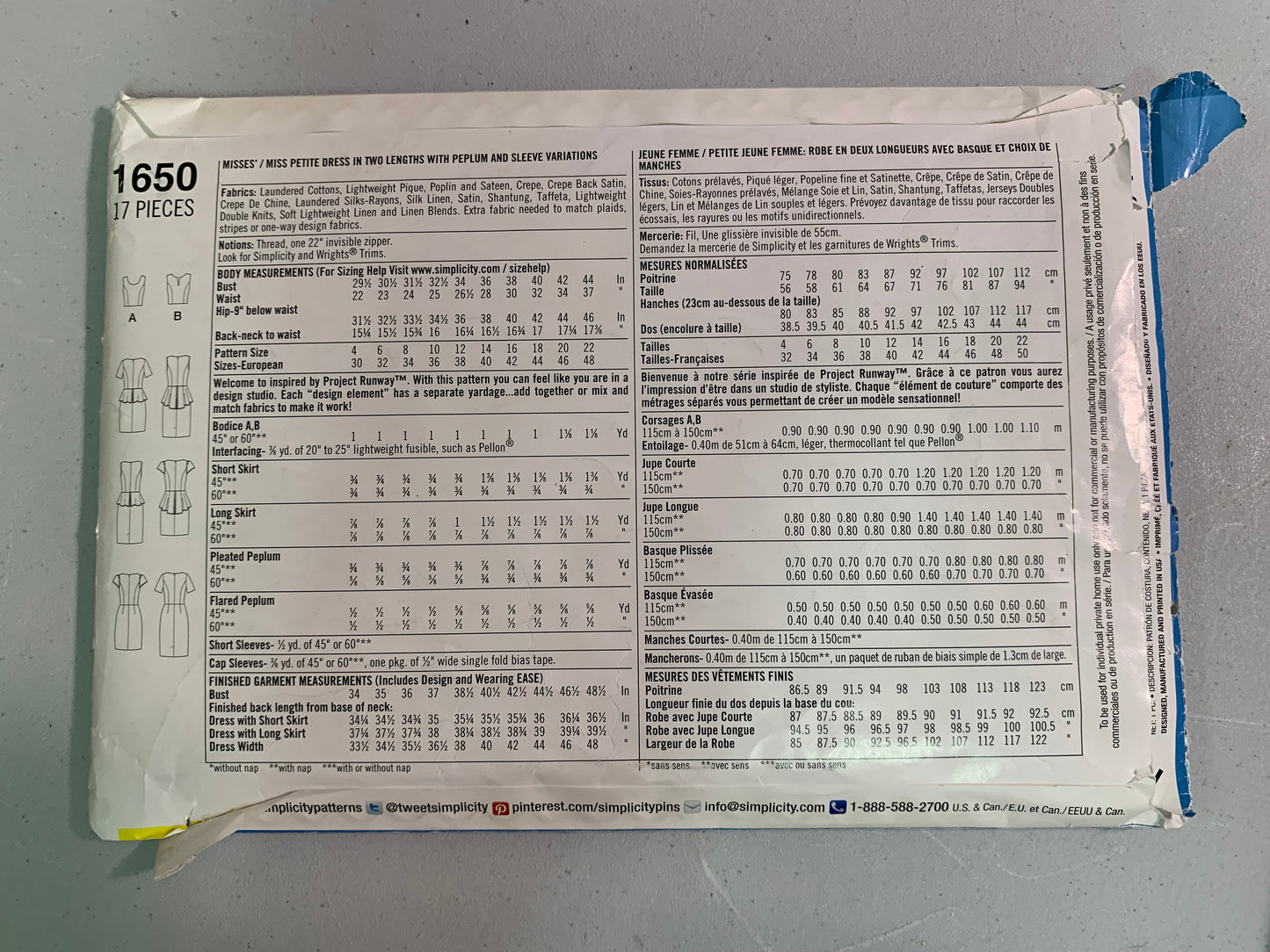 Simplicity Sewing Pattern 1650 Project Runway Misses'/Miss Petite Dress, Two Lengths, Sleeve Variations, Size 14-22, Uncut, 2013