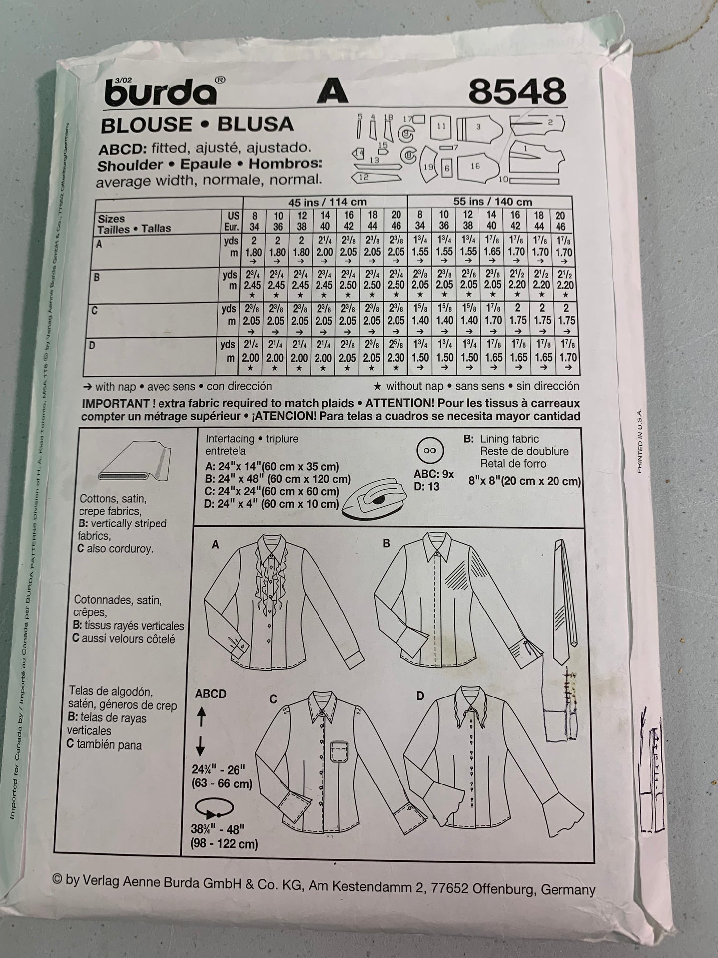 Burda Sewing Pattern 8548 Misses' Tops, Shirt, Button Front, Collar, 4 Variations, Fitted, Long Sleeves, Darts, Size 8-12, Cut, 2000